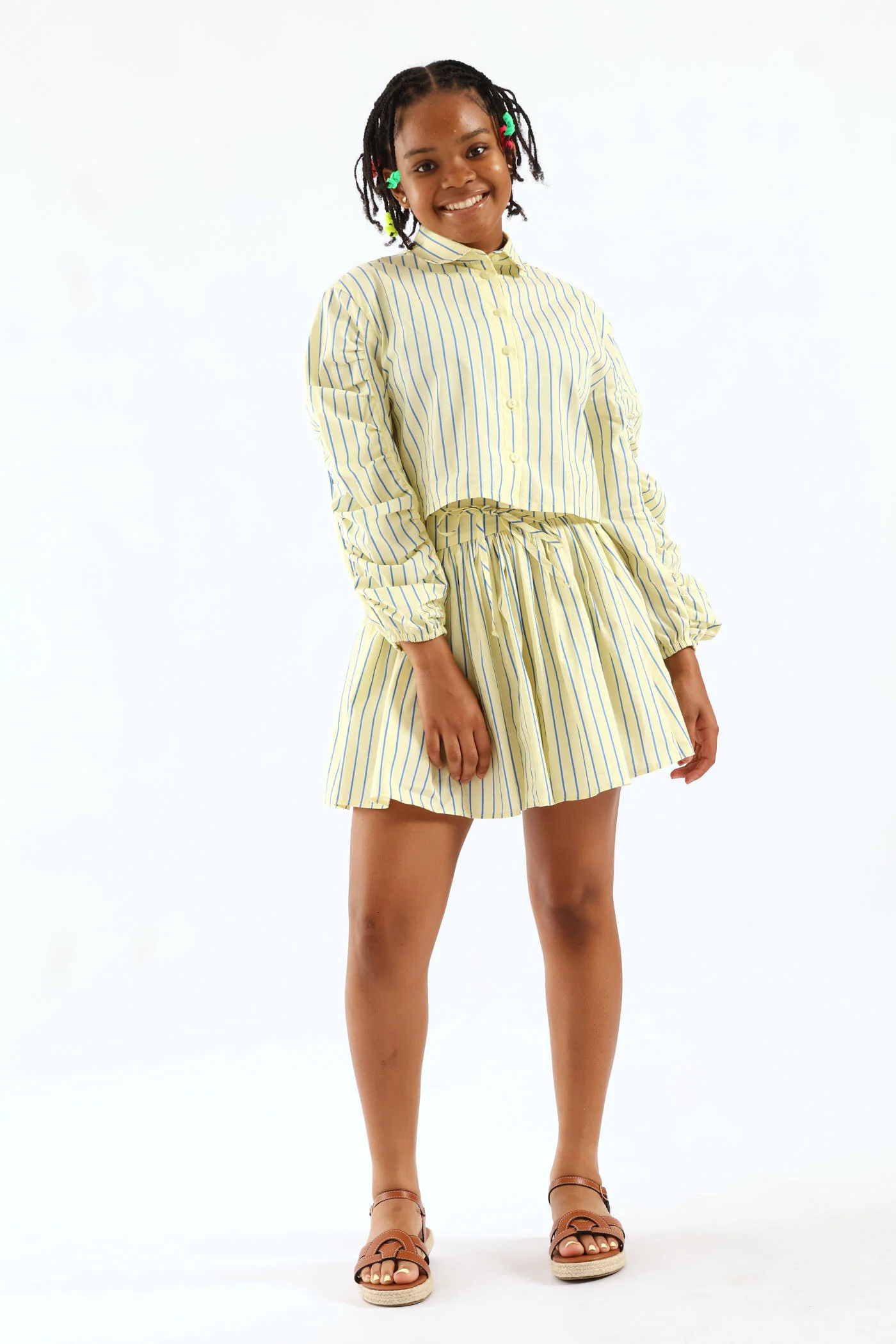 Girls Stripe Guaged Sleeve Woven Shirt - Blue/Yellow - Image 5