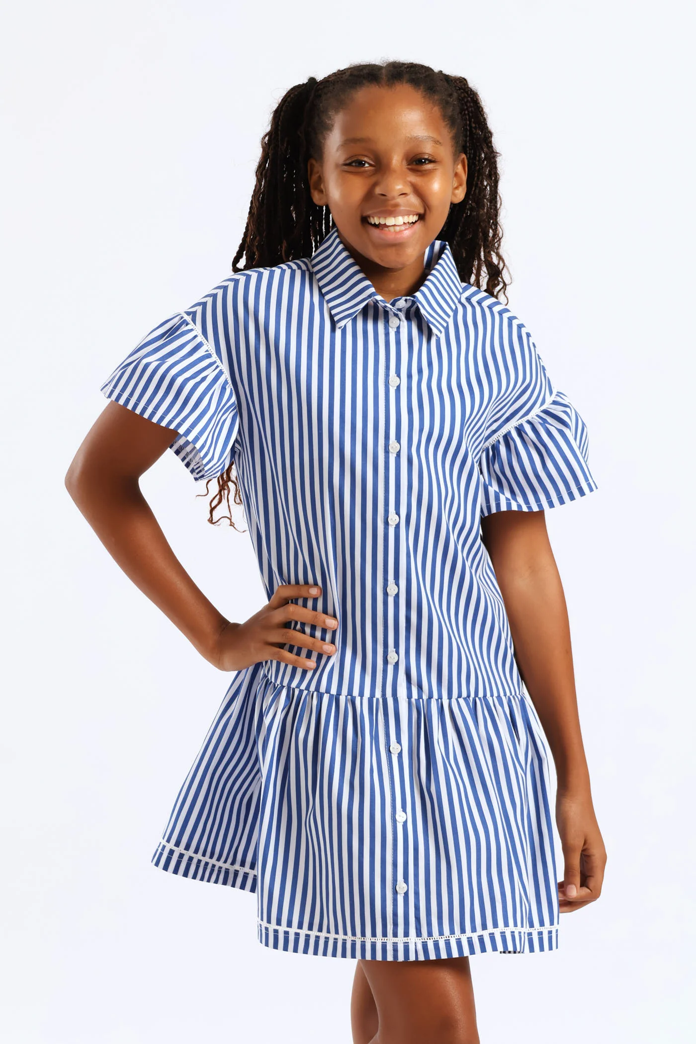 Girls Stripe Ladder Lace Button Through Summer Shift Dress - White/Blue - Image 2