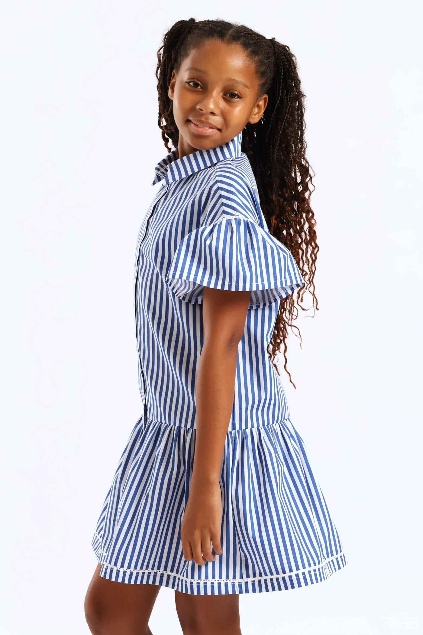 Girls Stripe Ladder Lace Button Through Summer Shift Dress - White/Blue - Image 3