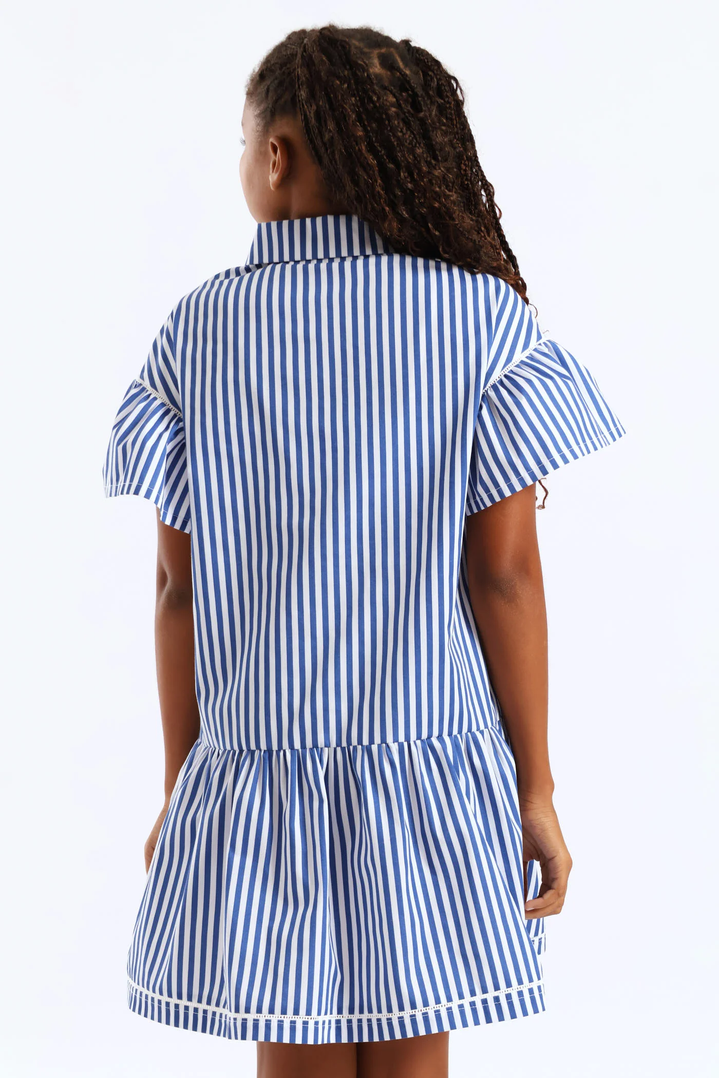 Girls Stripe Ladder Lace Button Through Summer Shift Dress - White/Blue - Image 4