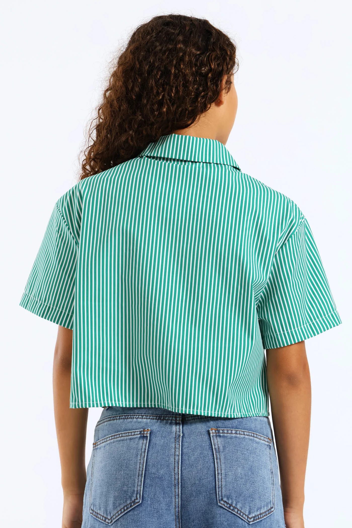 Girls Stripe Poplin Bow Detail Shirt - Green - Image 4