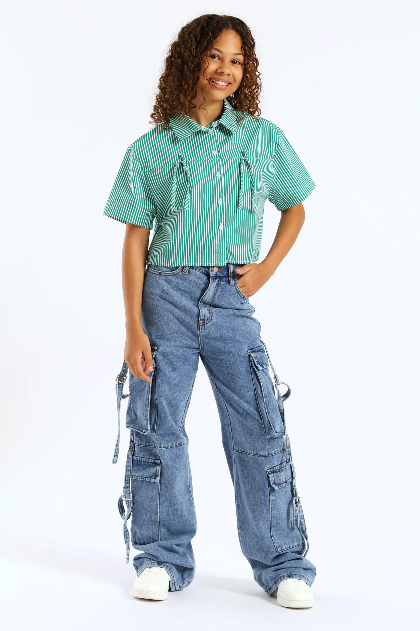 Girls Stripe Poplin Bow Detail Shirt - Green - Image 5