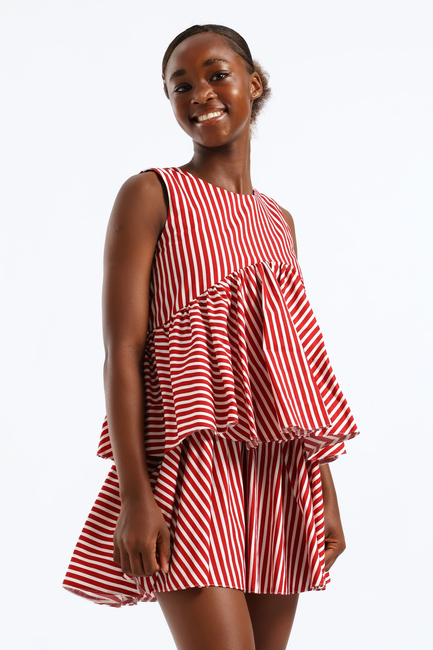 Girls Stripe Shaped Waist Rara Dress - White/Red - Image 2