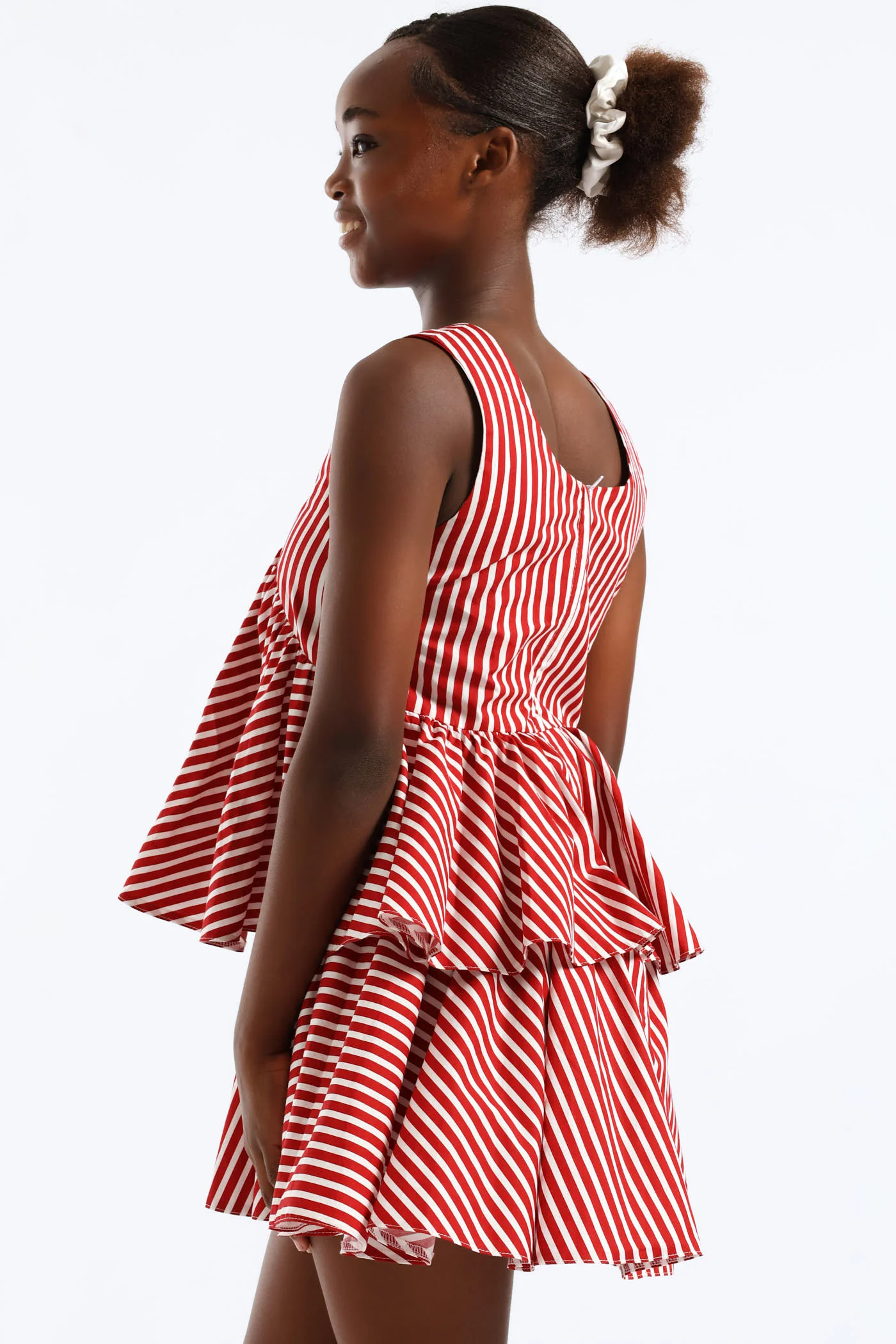 Girls Stripe Shaped Waist Rara Dress - White/Red - Image 3