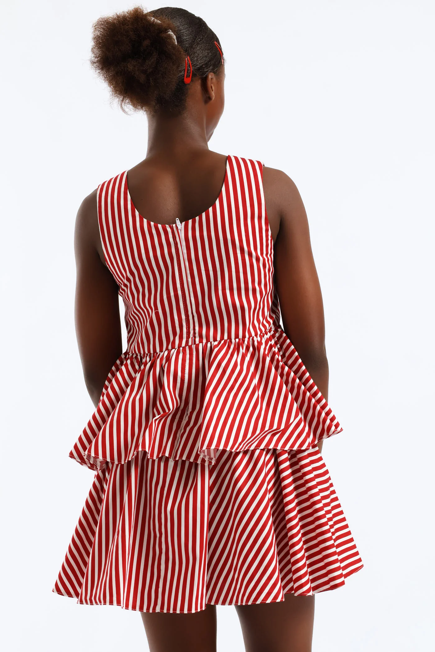 Girls Stripe Shaped Waist Rara Dress - White/Red - Image 4