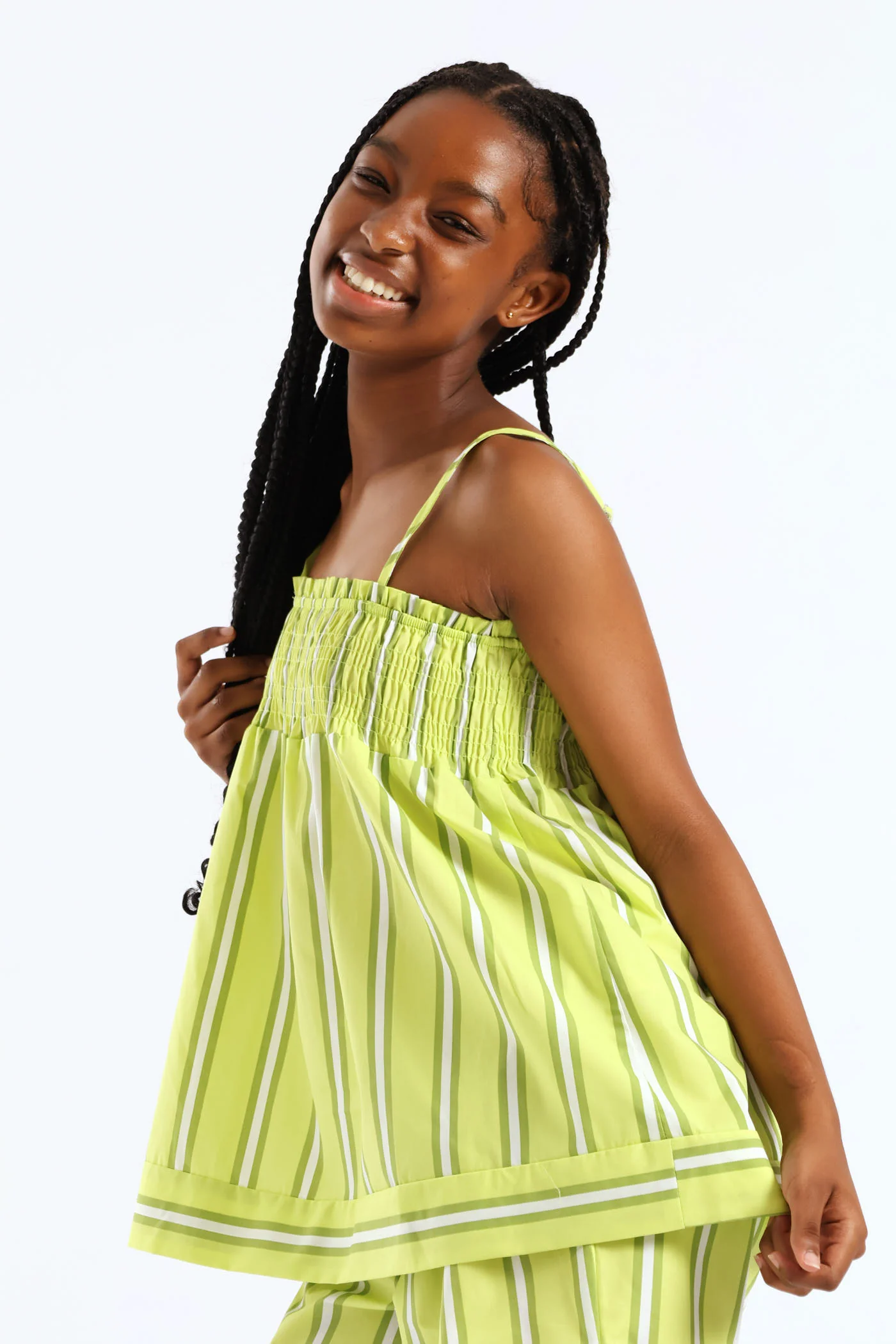 Girls Stripe Shirred Detail A-Line Top - Lime Green - Image 2