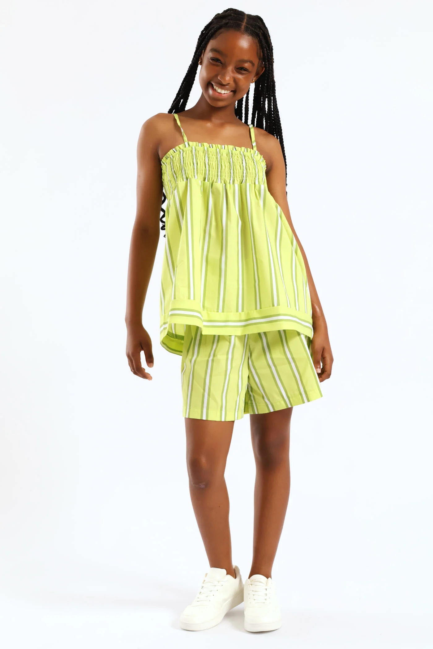 Girls Stripe Shirred Detail A-Line Top - Lime Green - Image 4