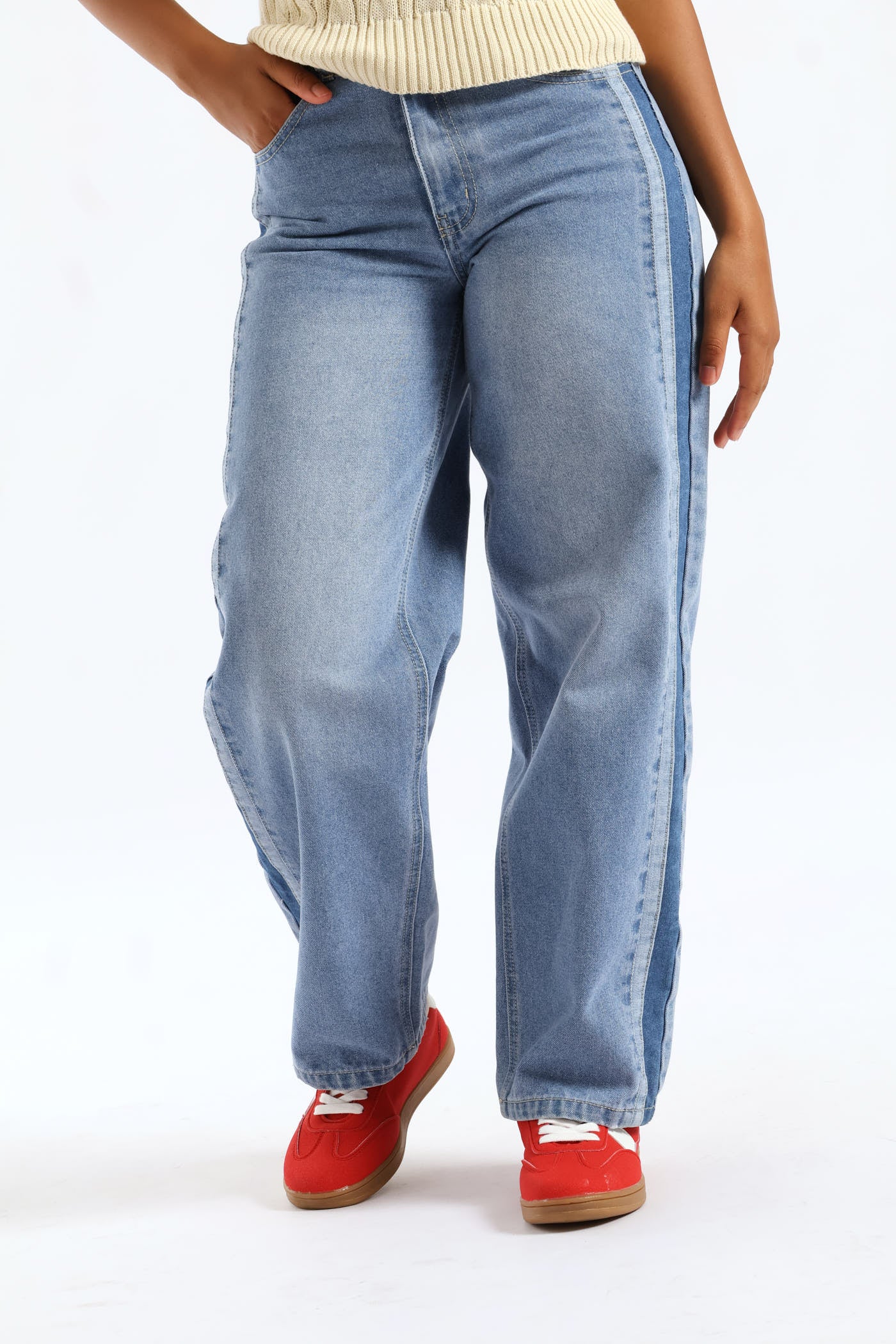 Girls Stripe Side Contrast Straight Leg Denim Jean - Mid Blue - Image 3