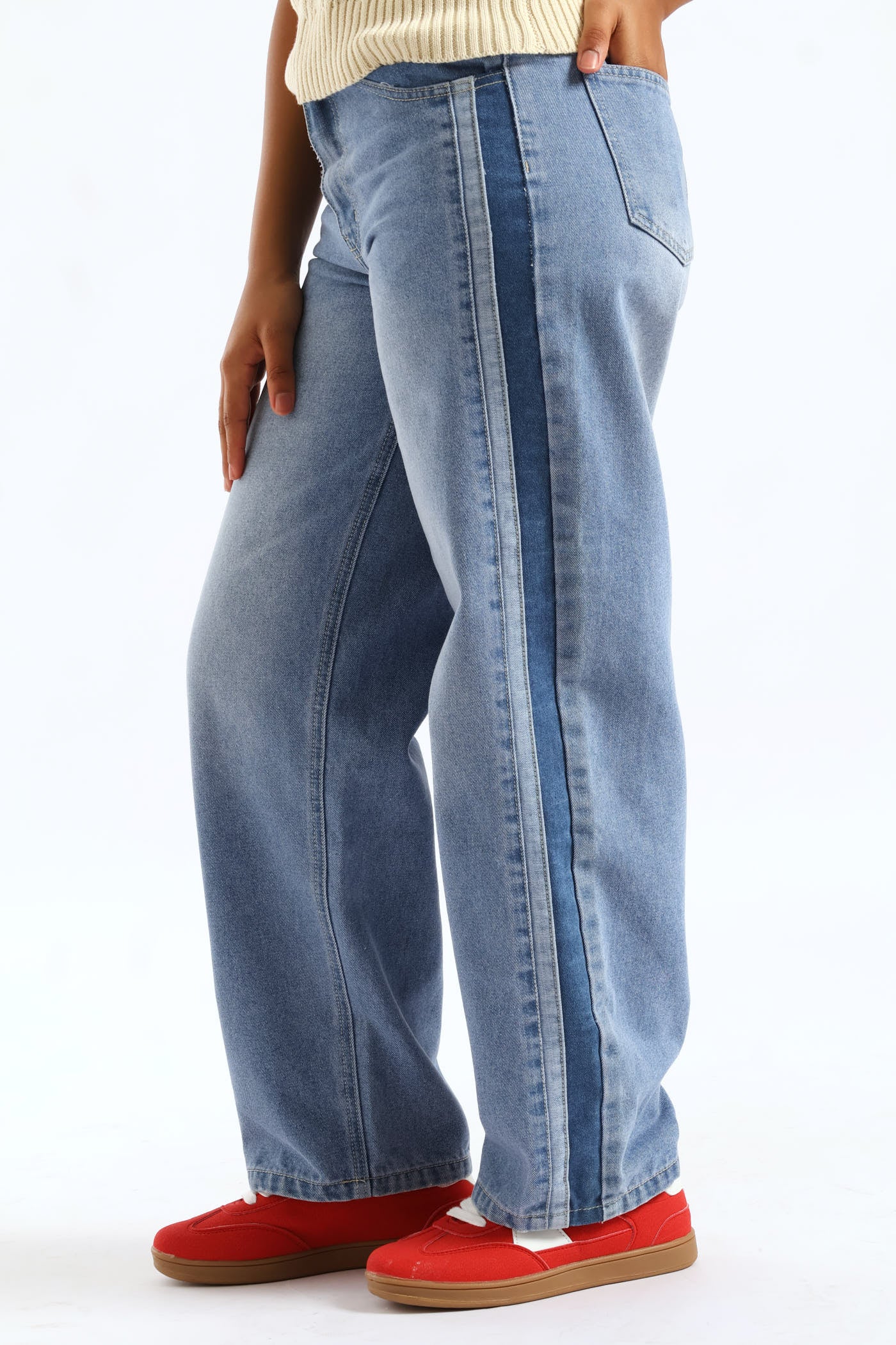 Girls Stripe Side Contrast Straight Leg Denim Jean - Mid Blue - Image 5