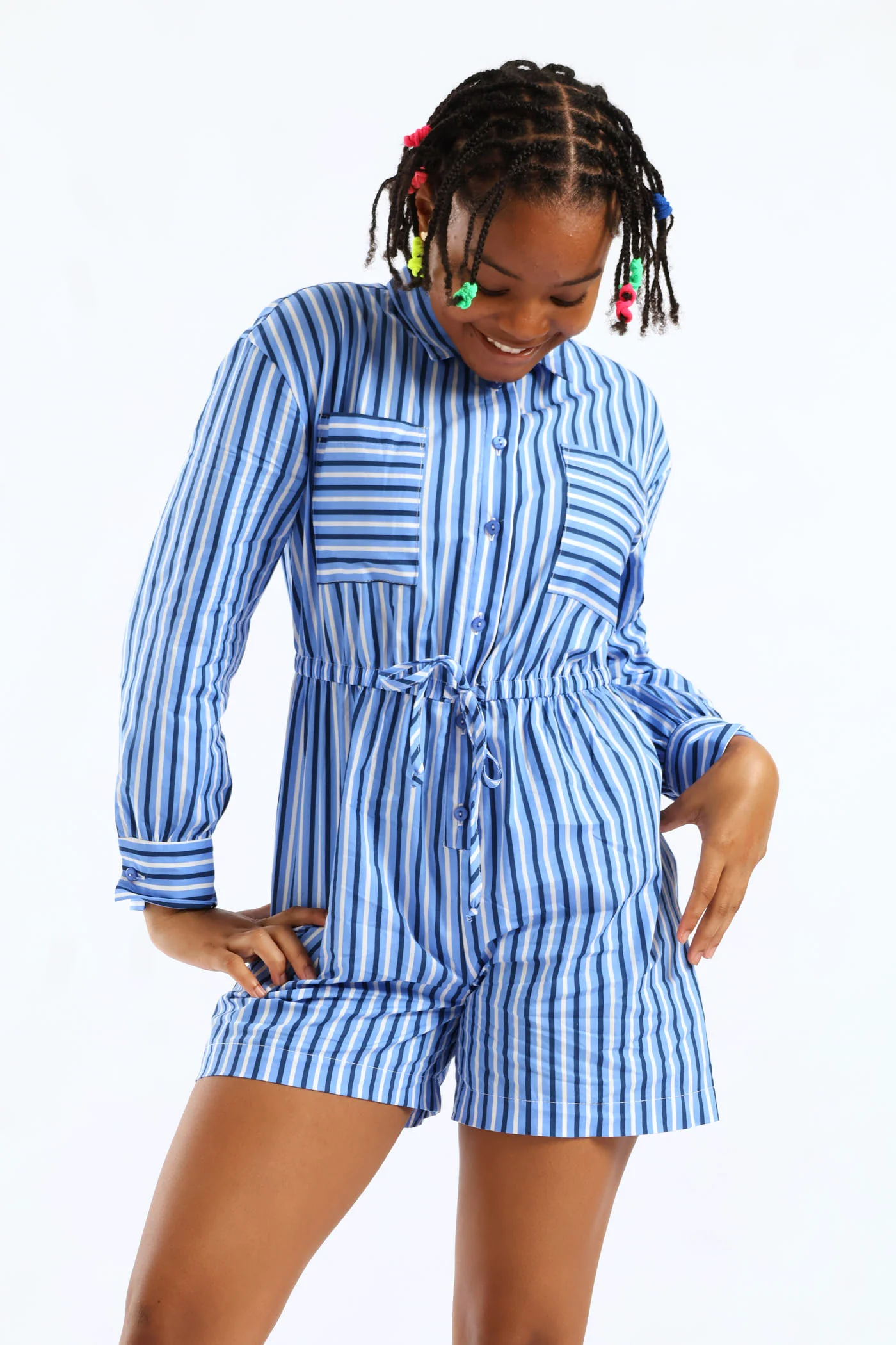 Girls Stripe Wide Leg Jumpsuit - White/Blue - Image 2
