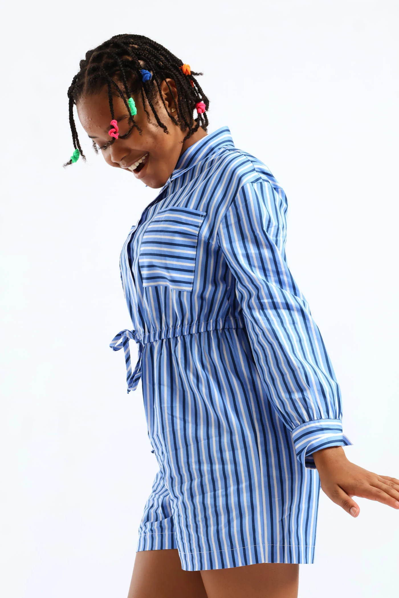 Girls Stripe Wide Leg Jumpsuit - White/Blue - Image 3