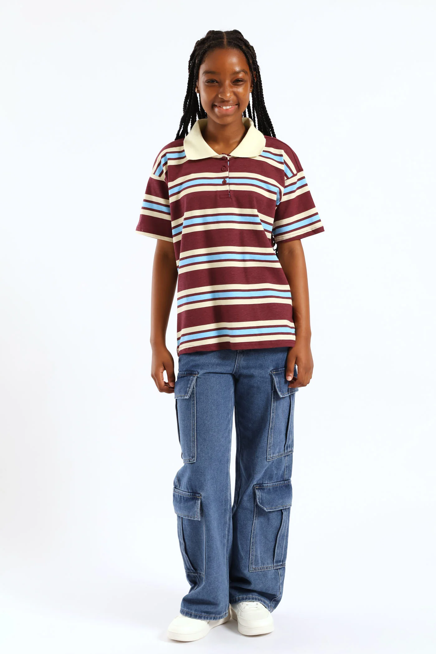 Girls Striped Loose Fit Golfer - Maroon - Image 5