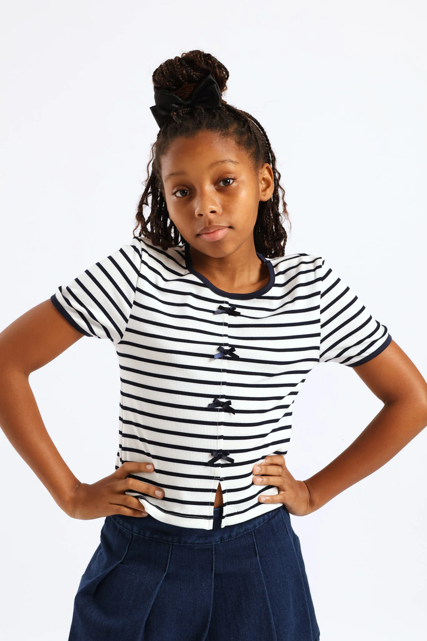 Girls Striped Rib Mock Bow Detail Tee - Multi - Image 2