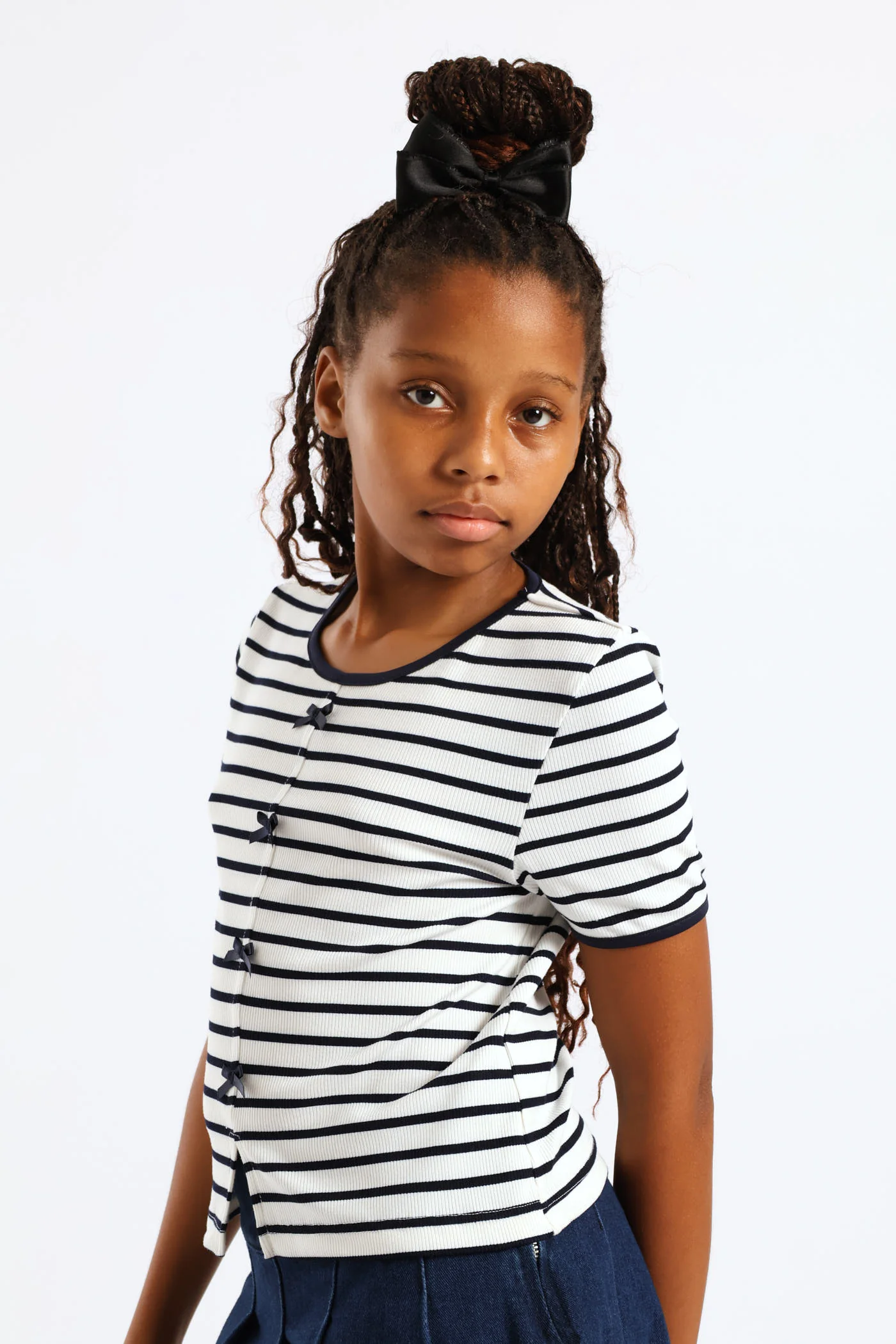 Girls Striped Rib Mock Bow Detail Tee - Multi - Image 3
