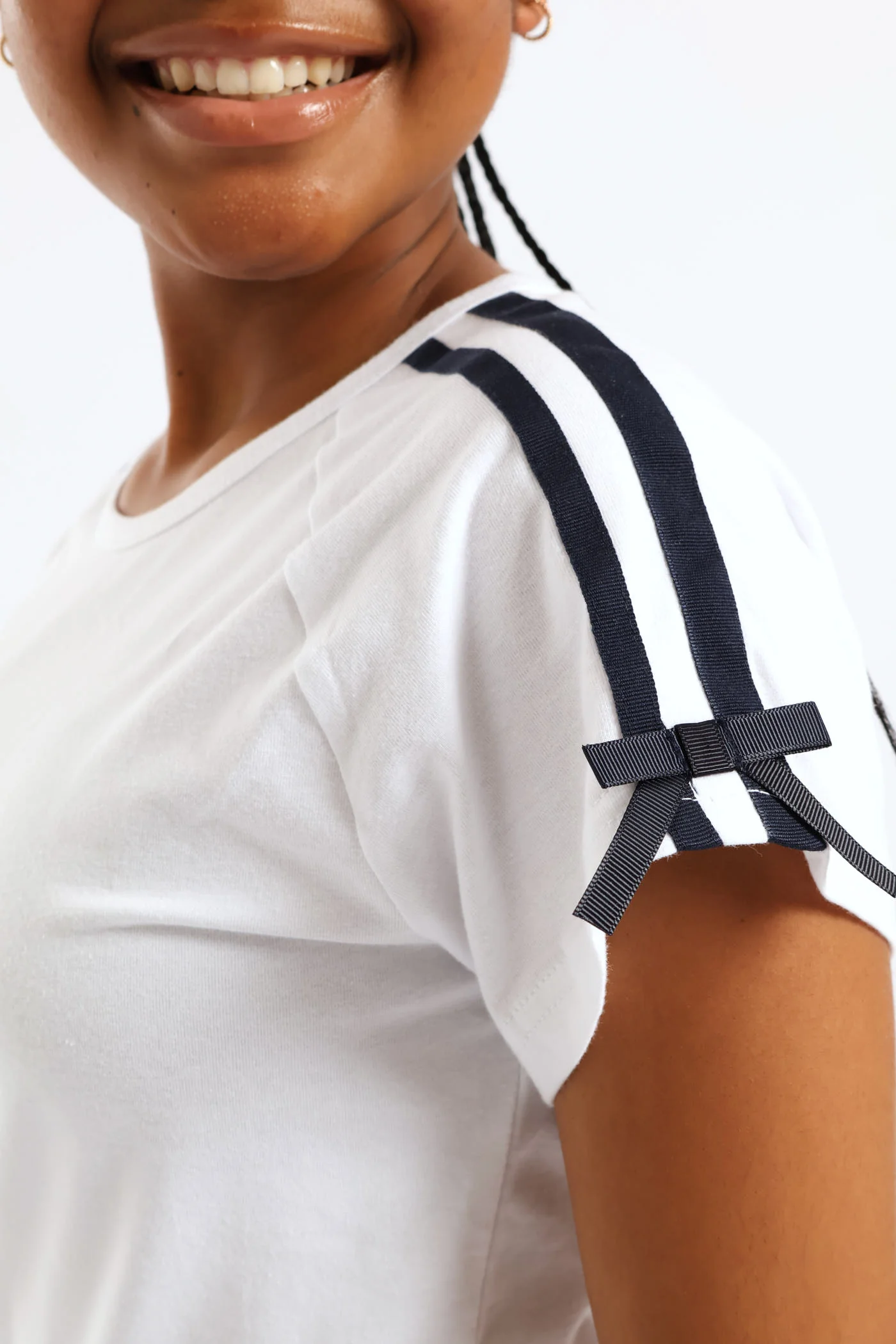 Girls Tape Detail Sleeve Bow Tee - White - Image 2