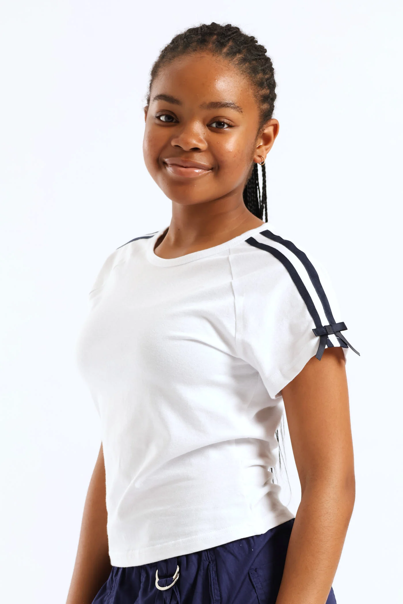Girls Tape Detail Sleeve Bow Tee - White - Image 3