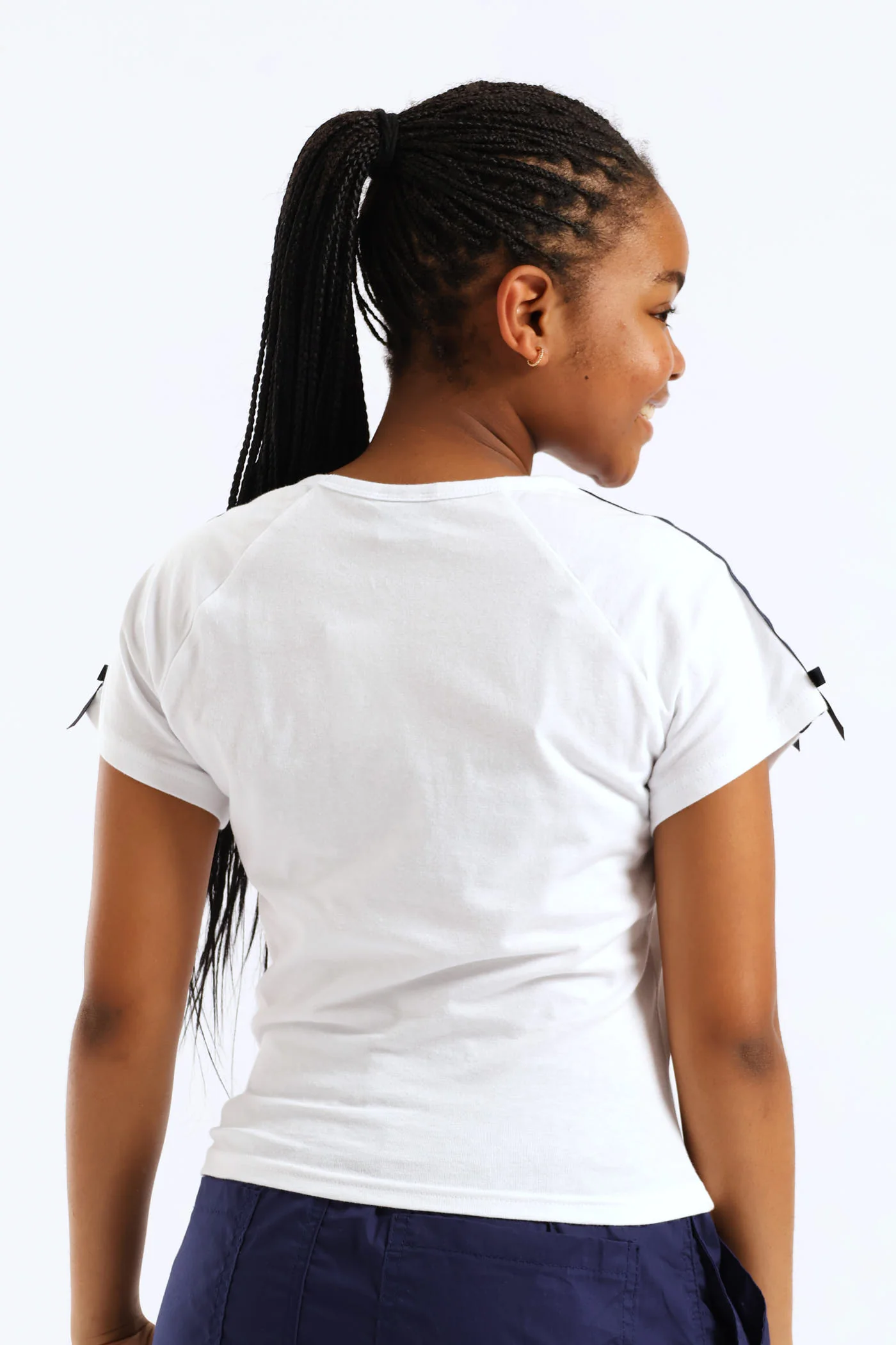 Girls Tape Detail Sleeve Bow Tee - White - Image 4