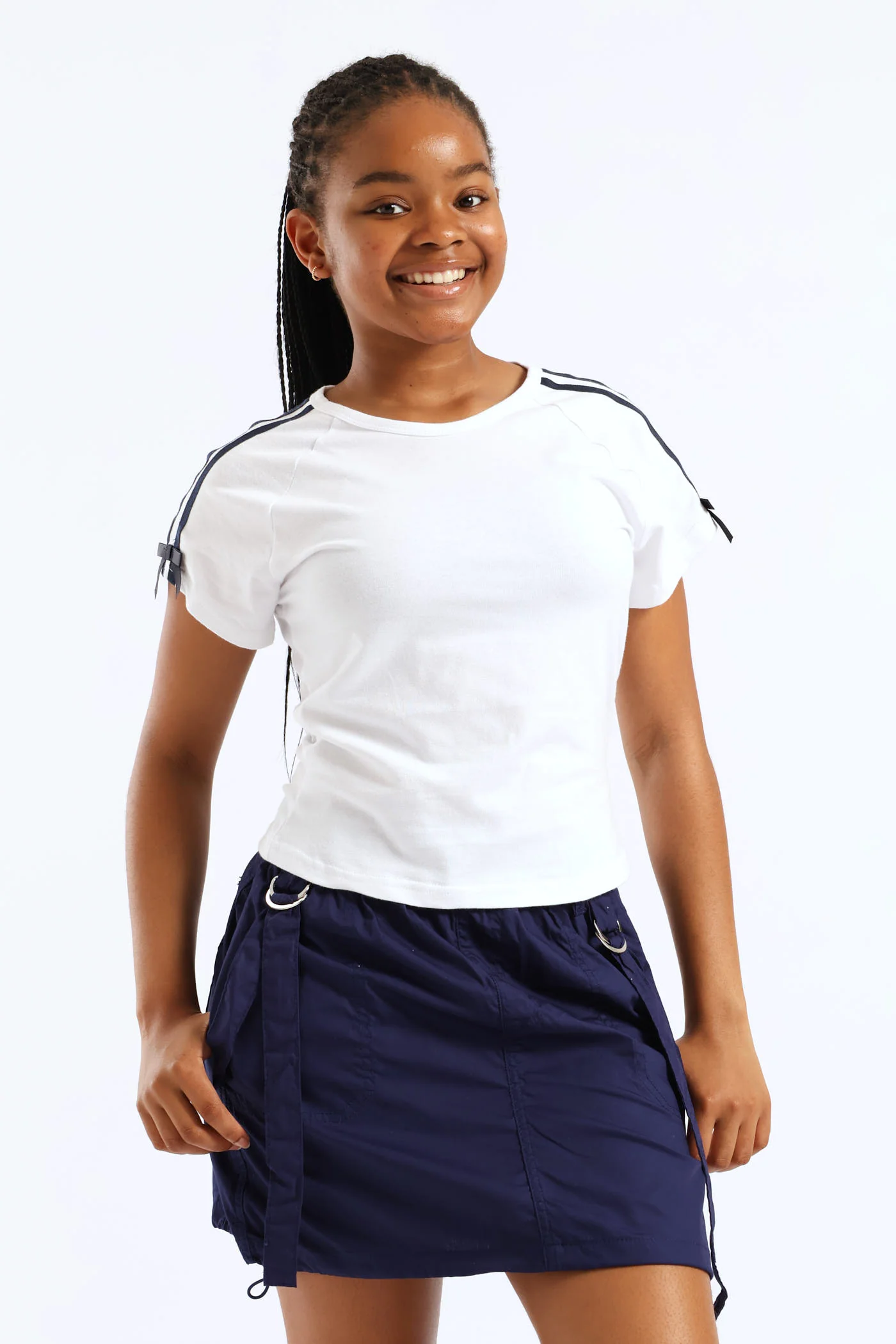 Girls Tape Detail Sleeve Bow Tee - White - Image 5
