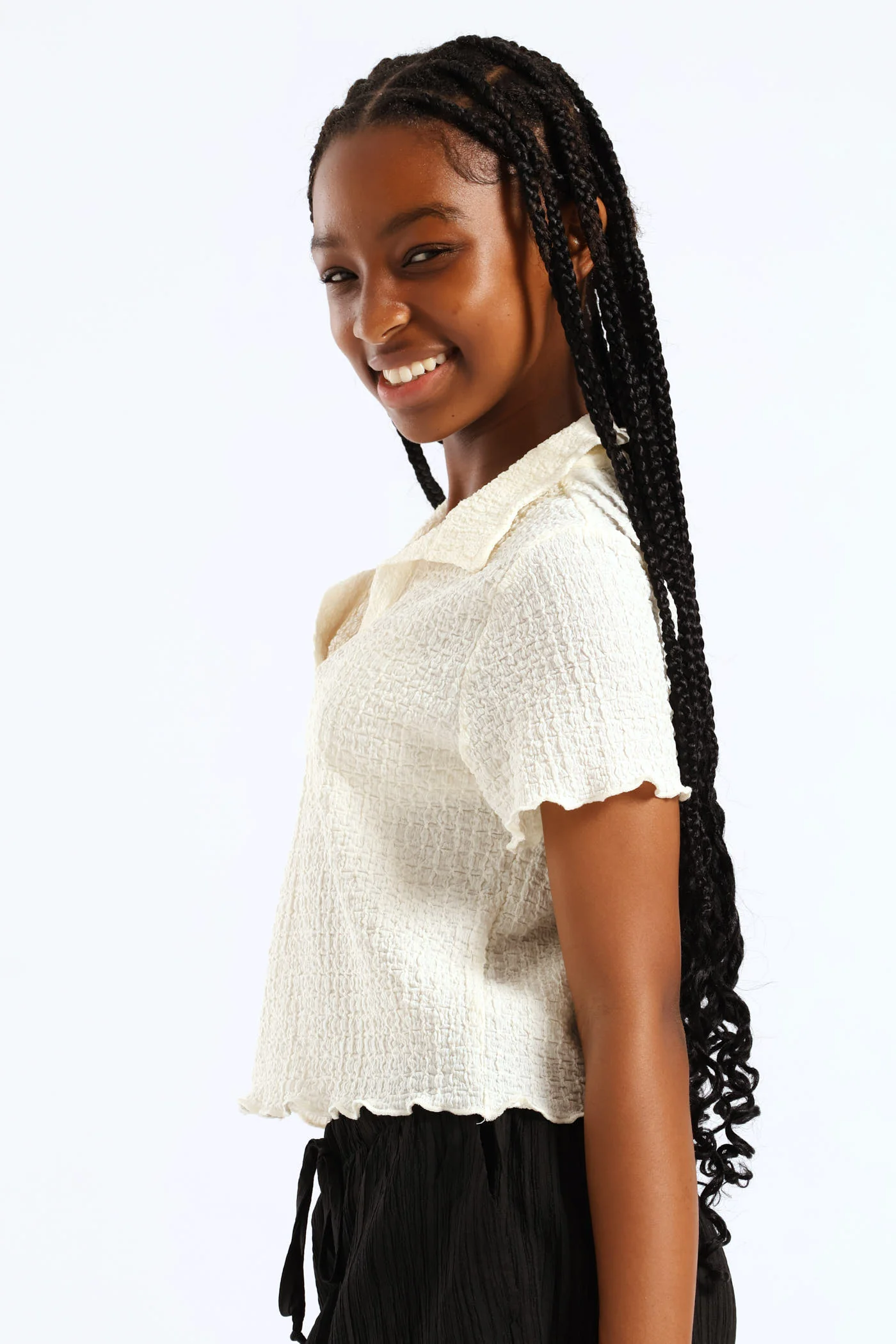 Girls Textured Knit Collared Tee - Cream - Image 3