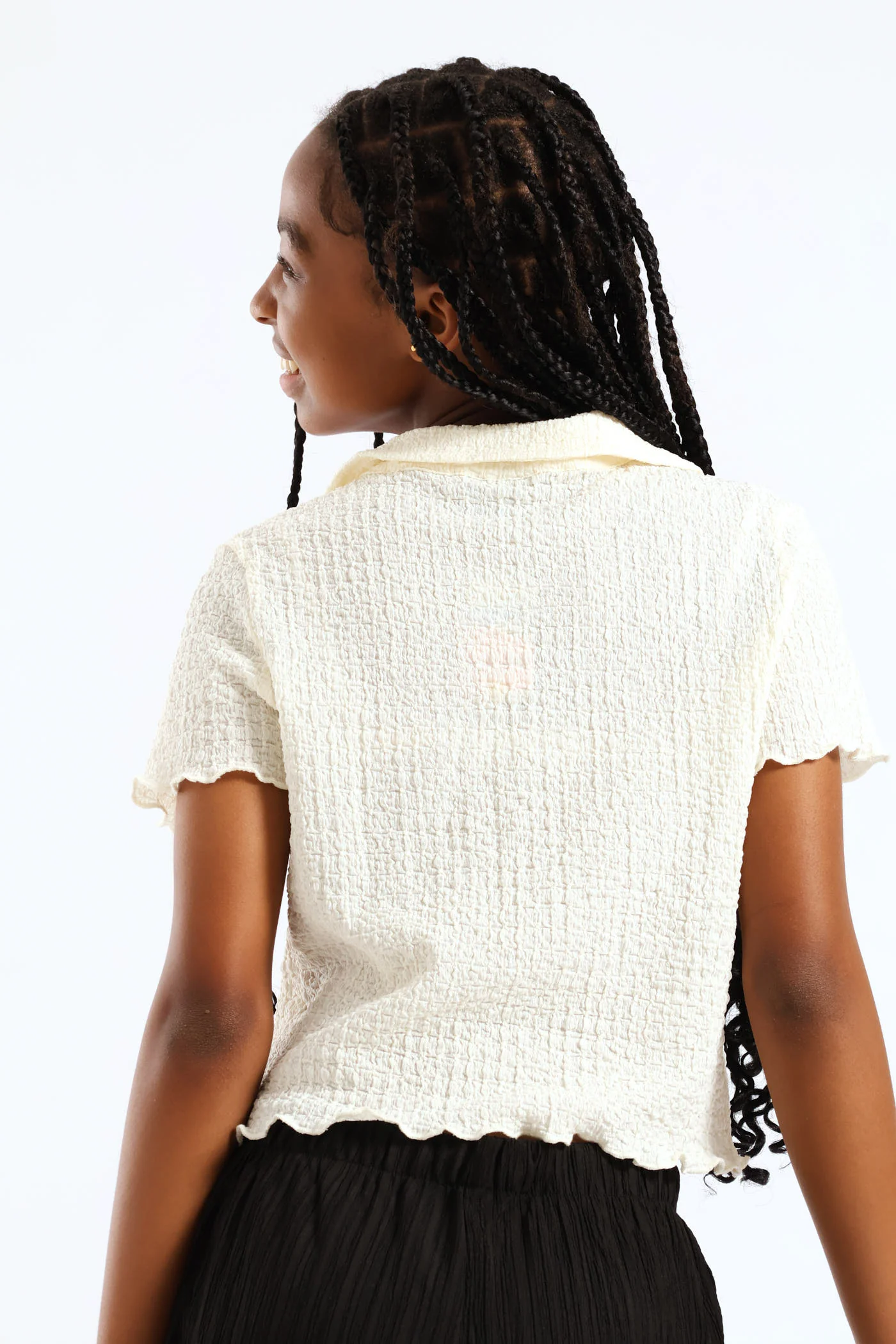 Girls Textured Knit Collared Tee - Cream - Image 4