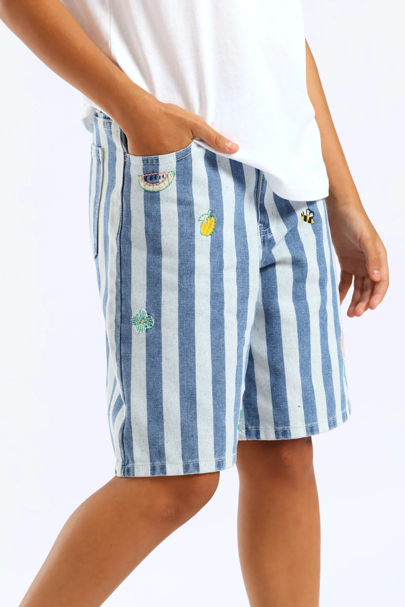 Girls Tooty Fruity Embroidered Stripe Shorts - Multi - Image 4