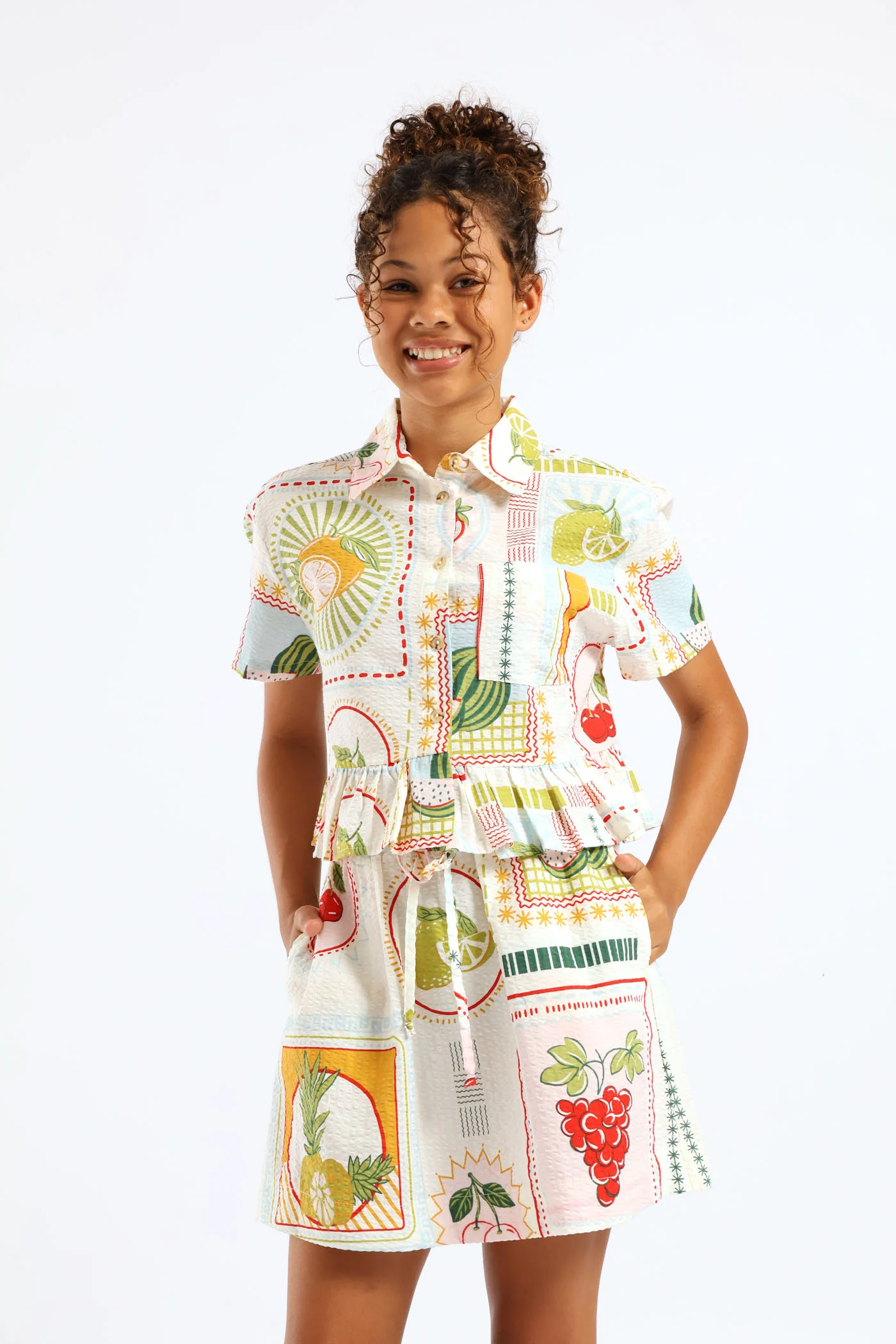 Girls Tropical Print A-Line Seersucker Skirt - Cream - Image 3