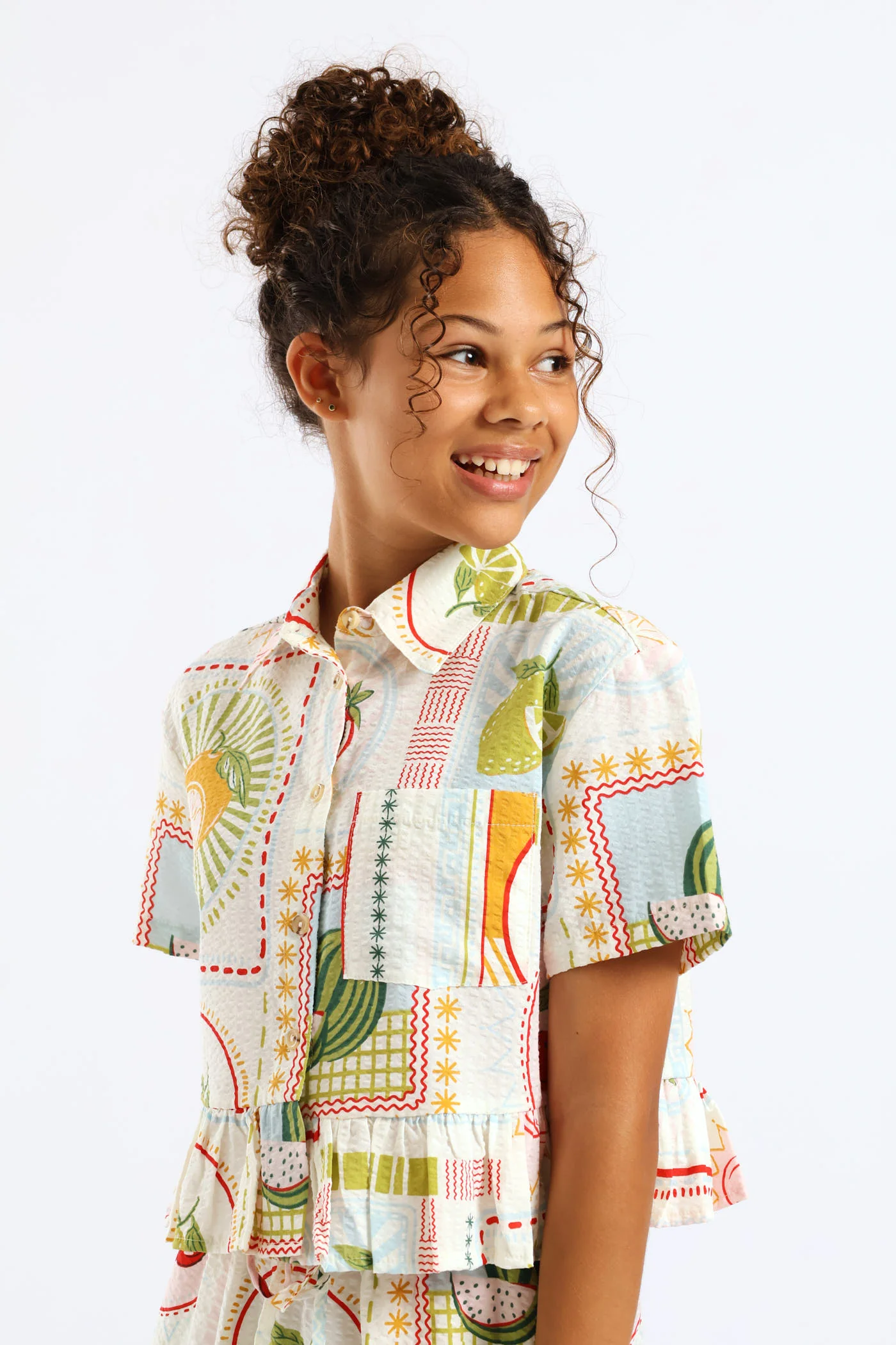 Girls Tropical Print Frill Hem Button Through Seersucker Shirt - Cream - Image 2