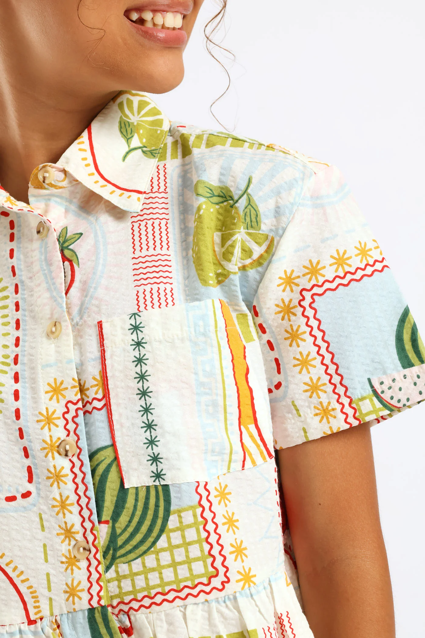 Girls Tropical Print Frill Hem Button Through Seersucker Shirt - Cream - Image 3