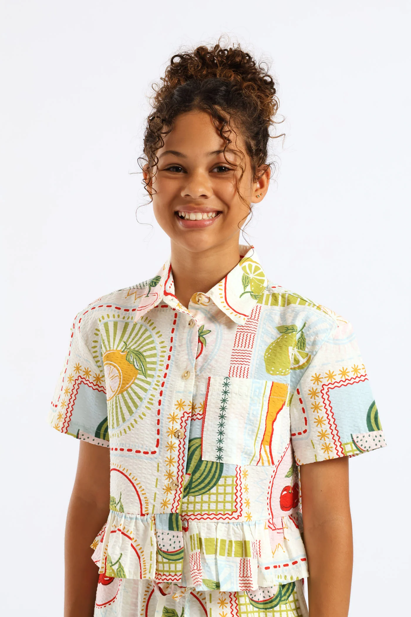Girls Tropical Print Frill Hem Button Through Seersucker Shirt - Cream - Image 4