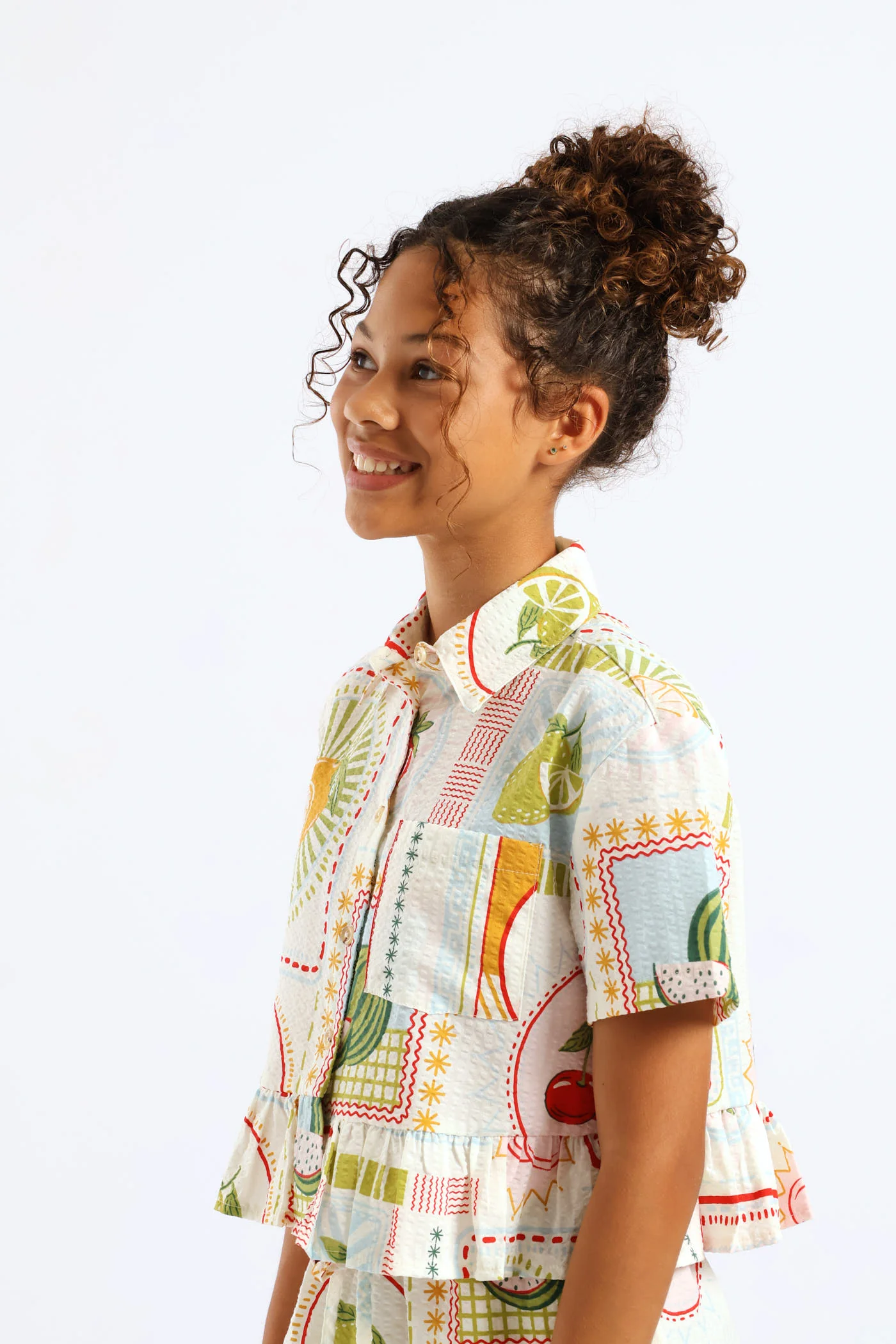 Girls Tropical Print Frill Hem Button Through Seersucker Shirt - Cream - Image 5