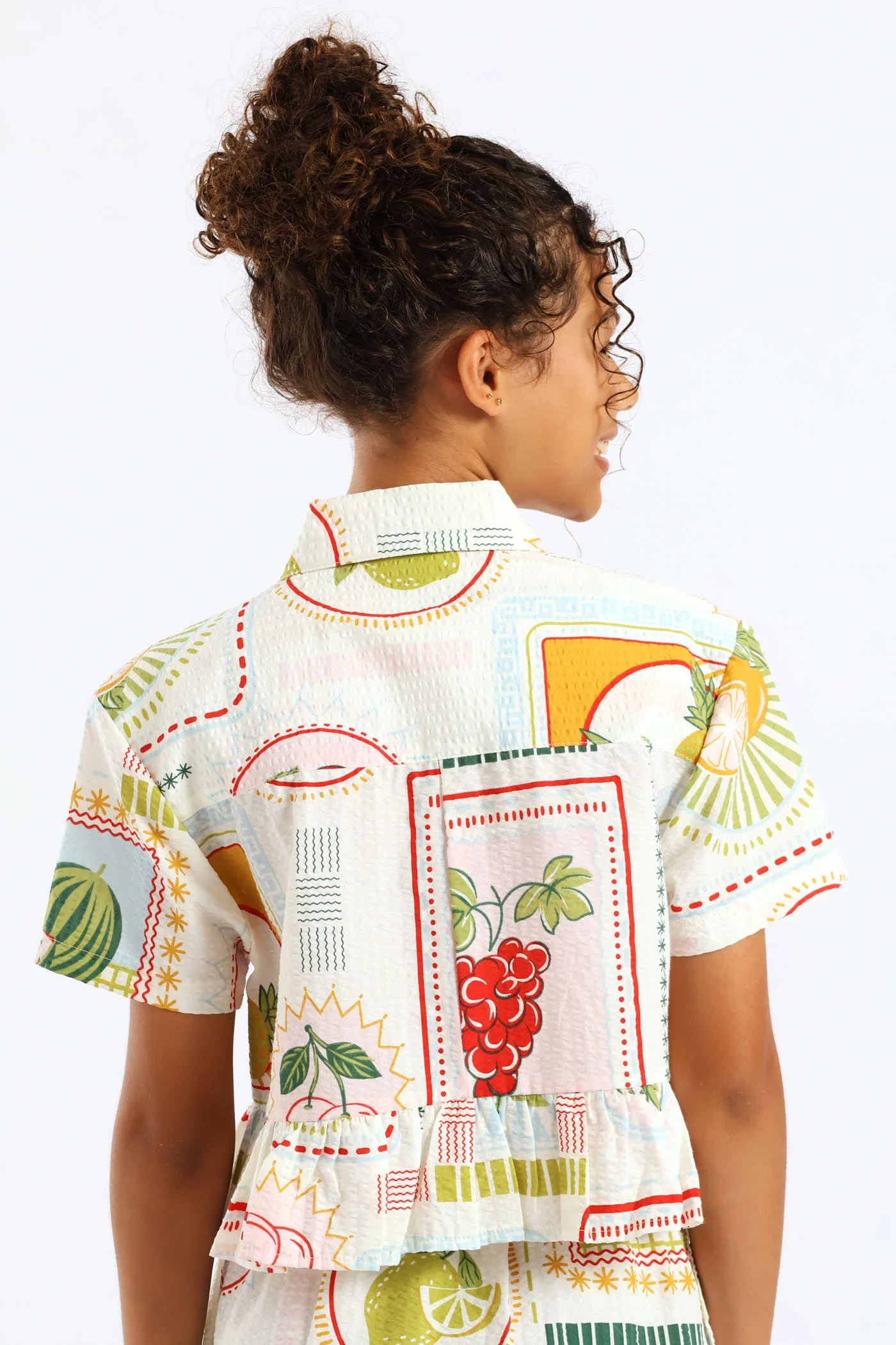Girls Tropical Print Frill Hem Button Through Seersucker Shirt - Cream - Image 6