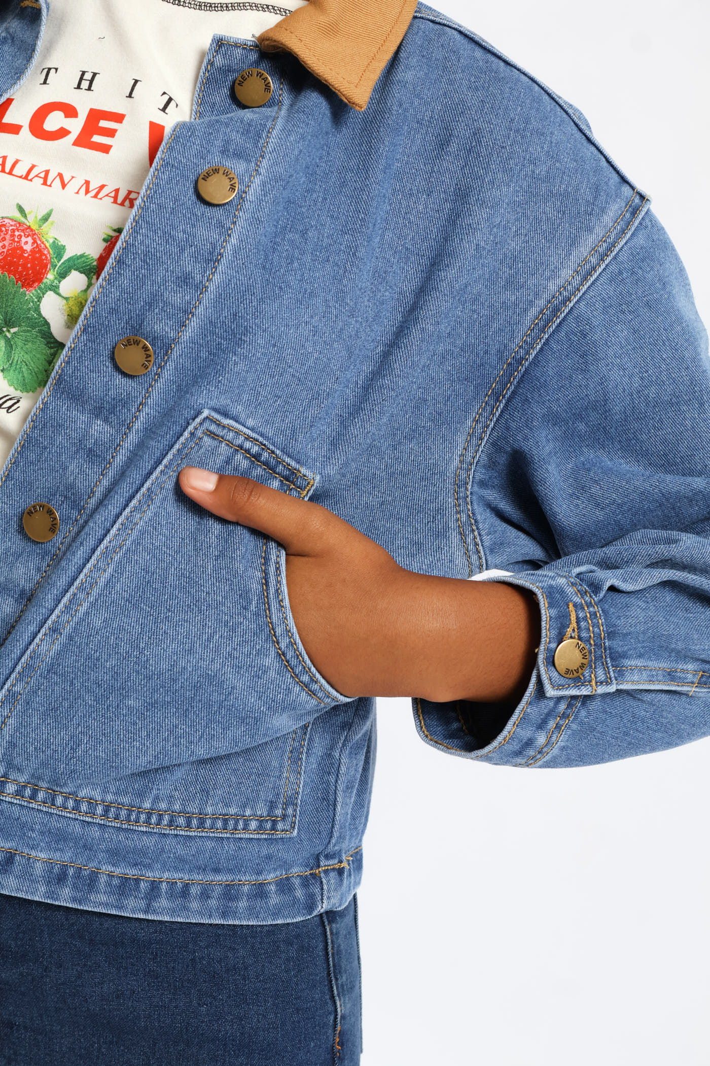 Girls Twill Contrast Collar Denim Jacket - Mid Blue - Image 2