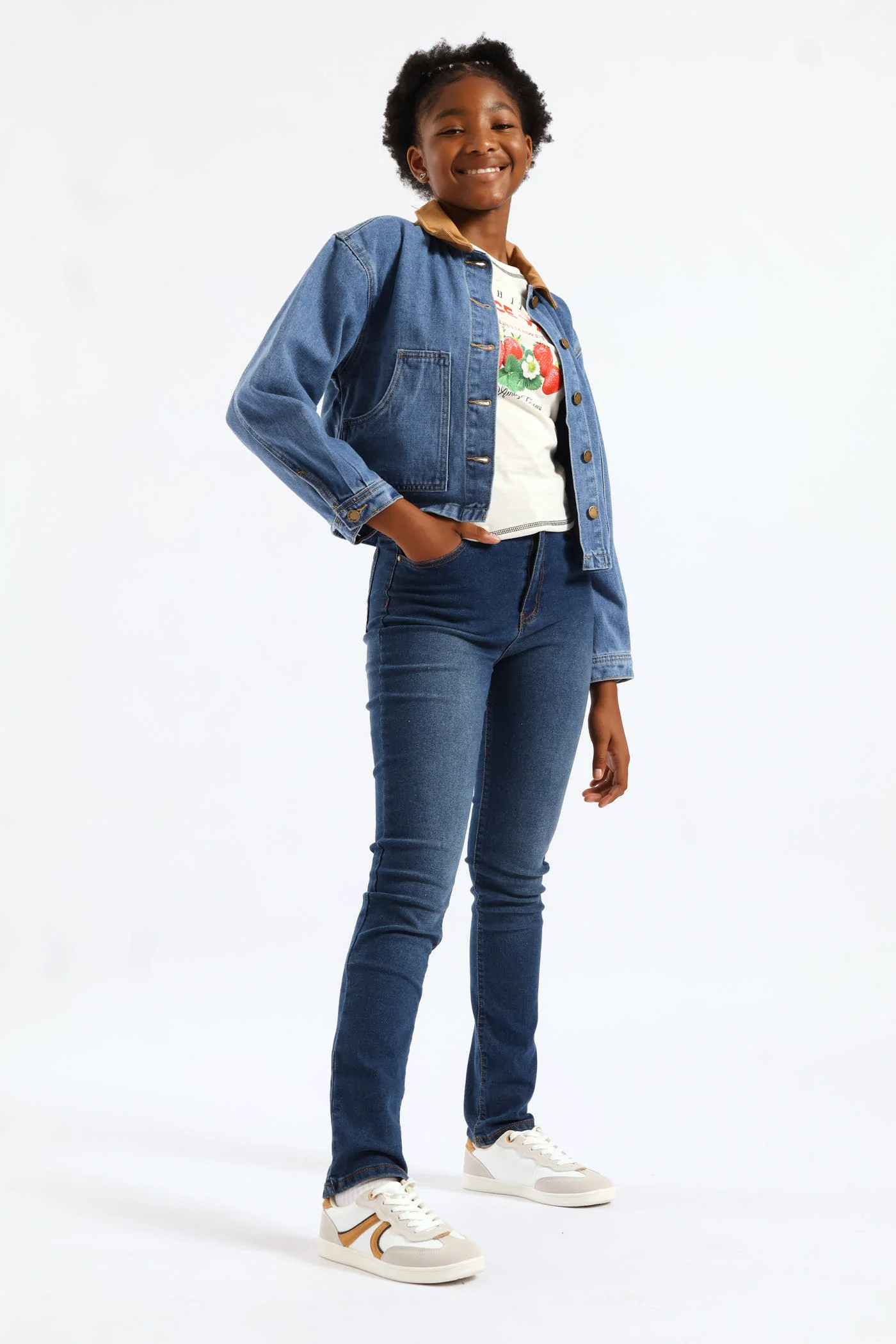 Girls Twill Contrast Collar Denim Jacket - Mid Blue - Image 3