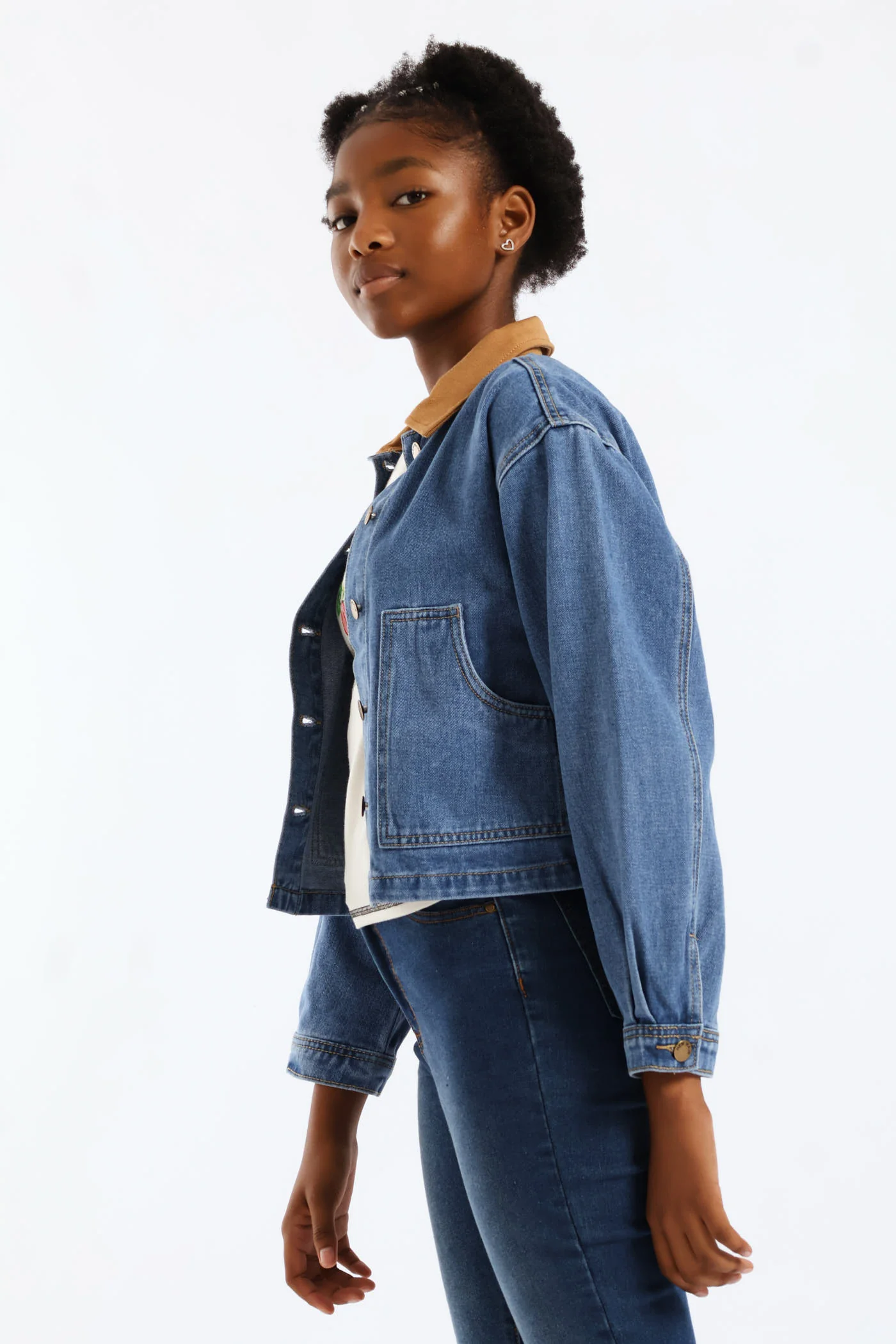 Girls Twill Contrast Collar Denim Jacket - Mid Blue - Image 4