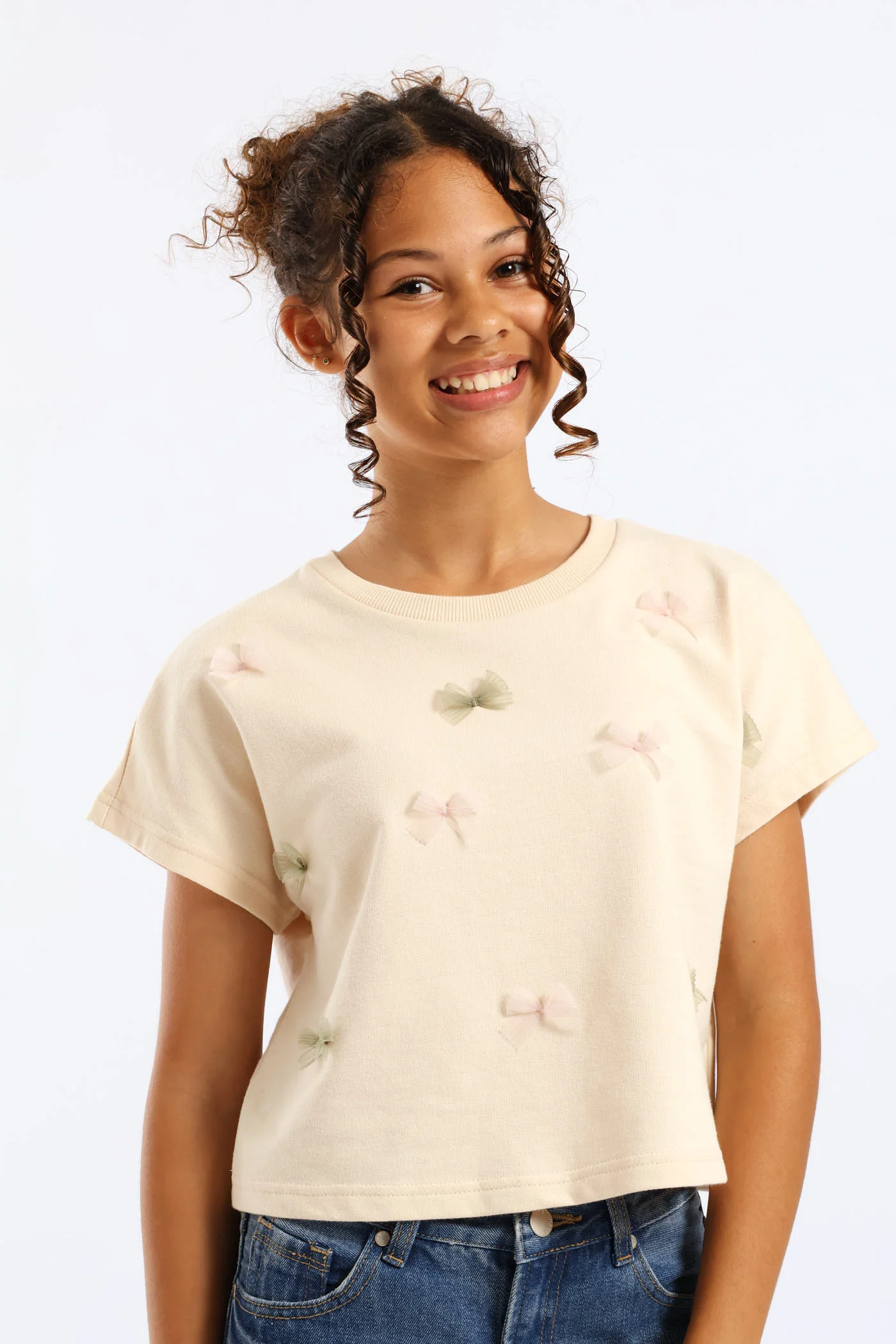 Girls Unbrushed Fleece Oversized Cropped Bow Tee - Light Yellow - Image 2