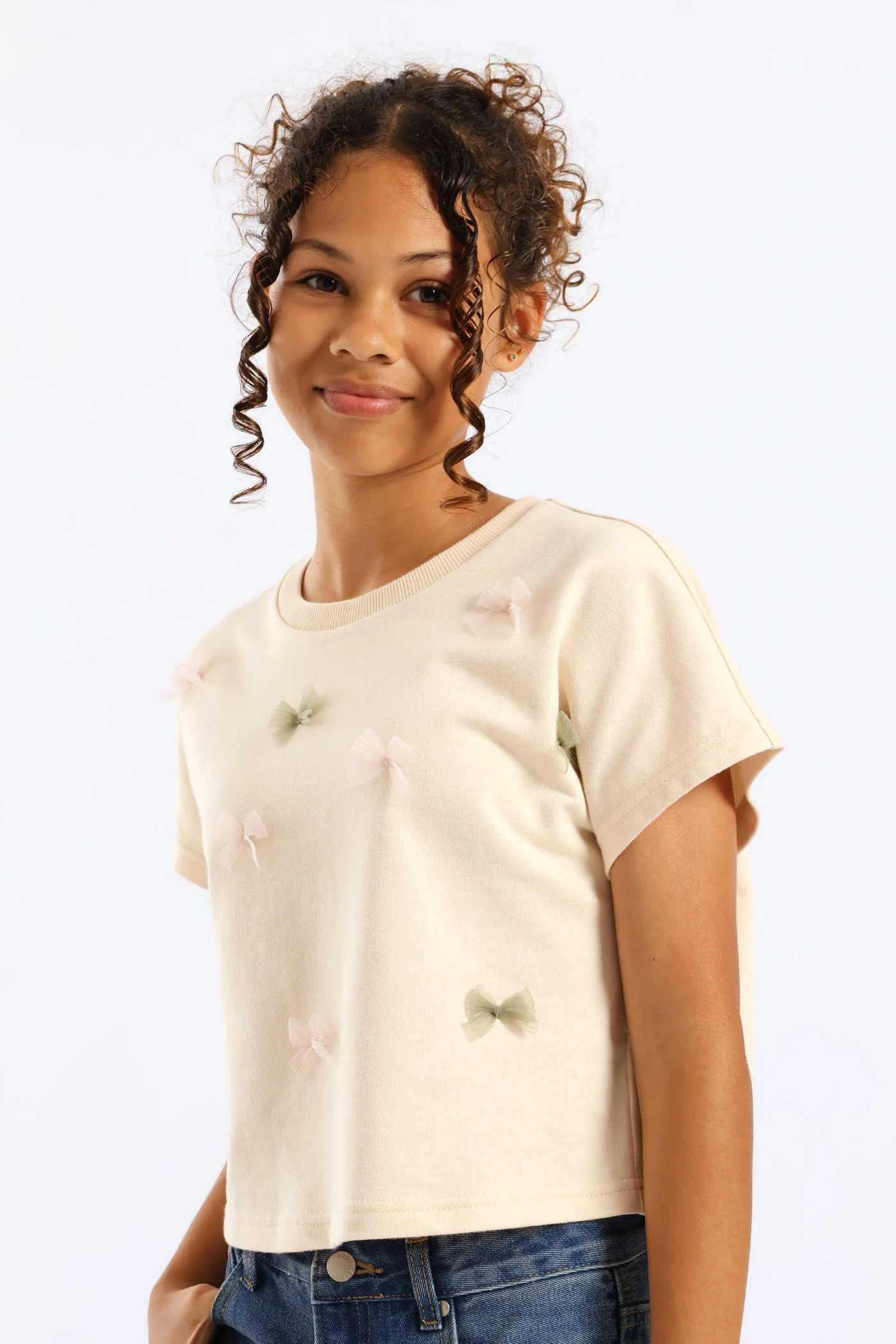 Girls Unbrushed Fleece Oversized Cropped Bow Tee - Light Yellow - Image 3