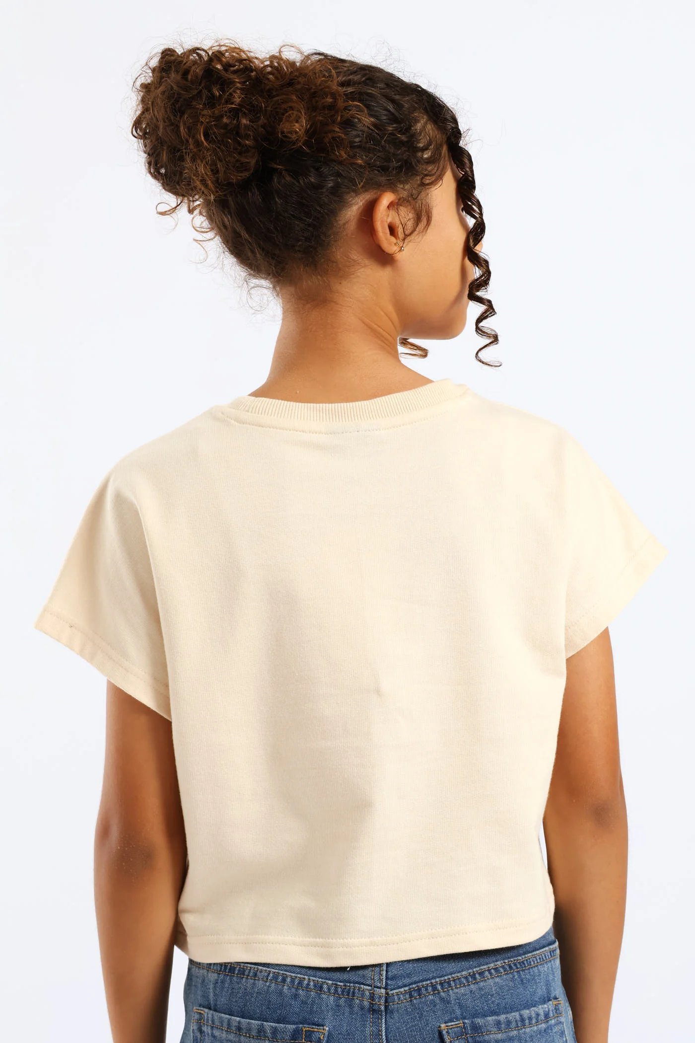 Girls Unbrushed Fleece Oversized Cropped Bow Tee - Light Yellow - Image 4