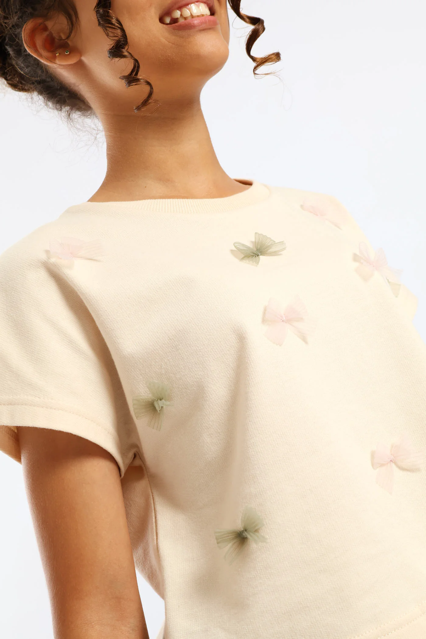 Girls Unbrushed Fleece Oversized Cropped Bow Tee - Light Yellow - Image 5