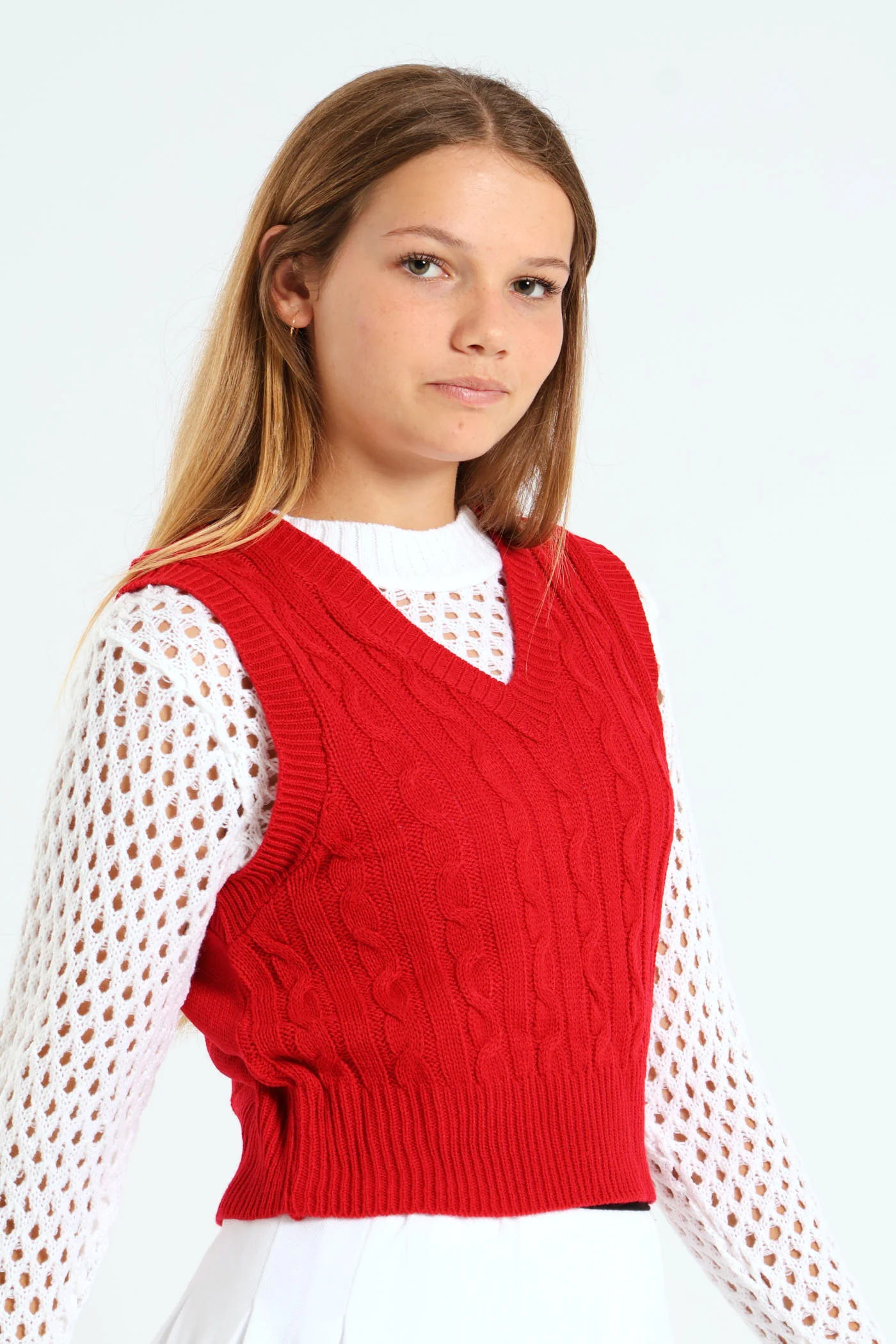 Girls V-Neck Cable Vest - Red - Image 2