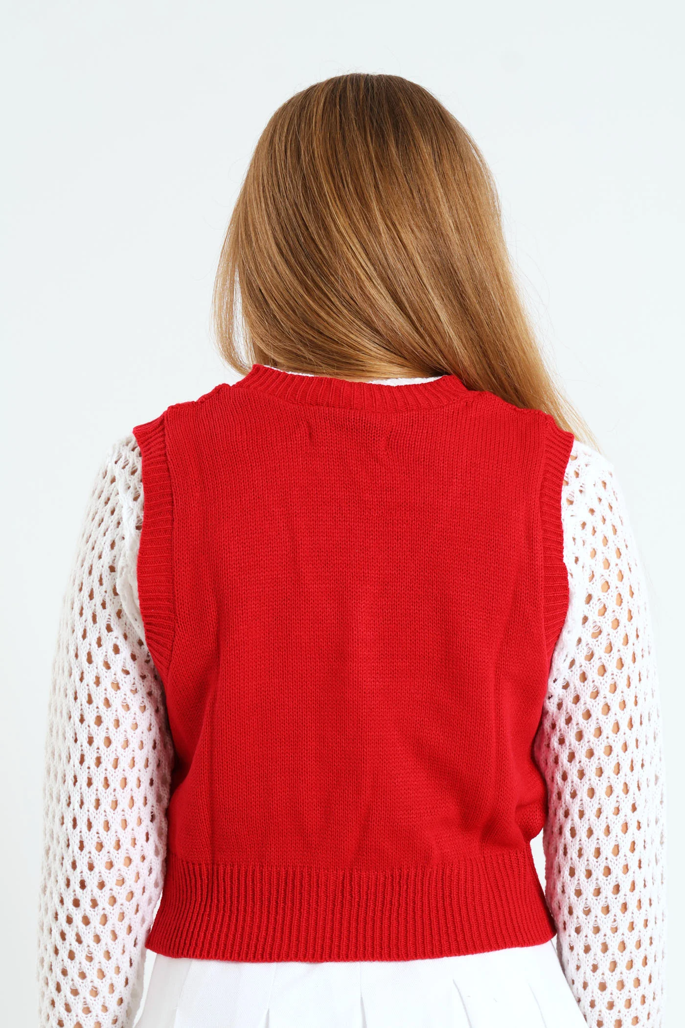 Girls V-Neck Cable Vest - Red - Image 3