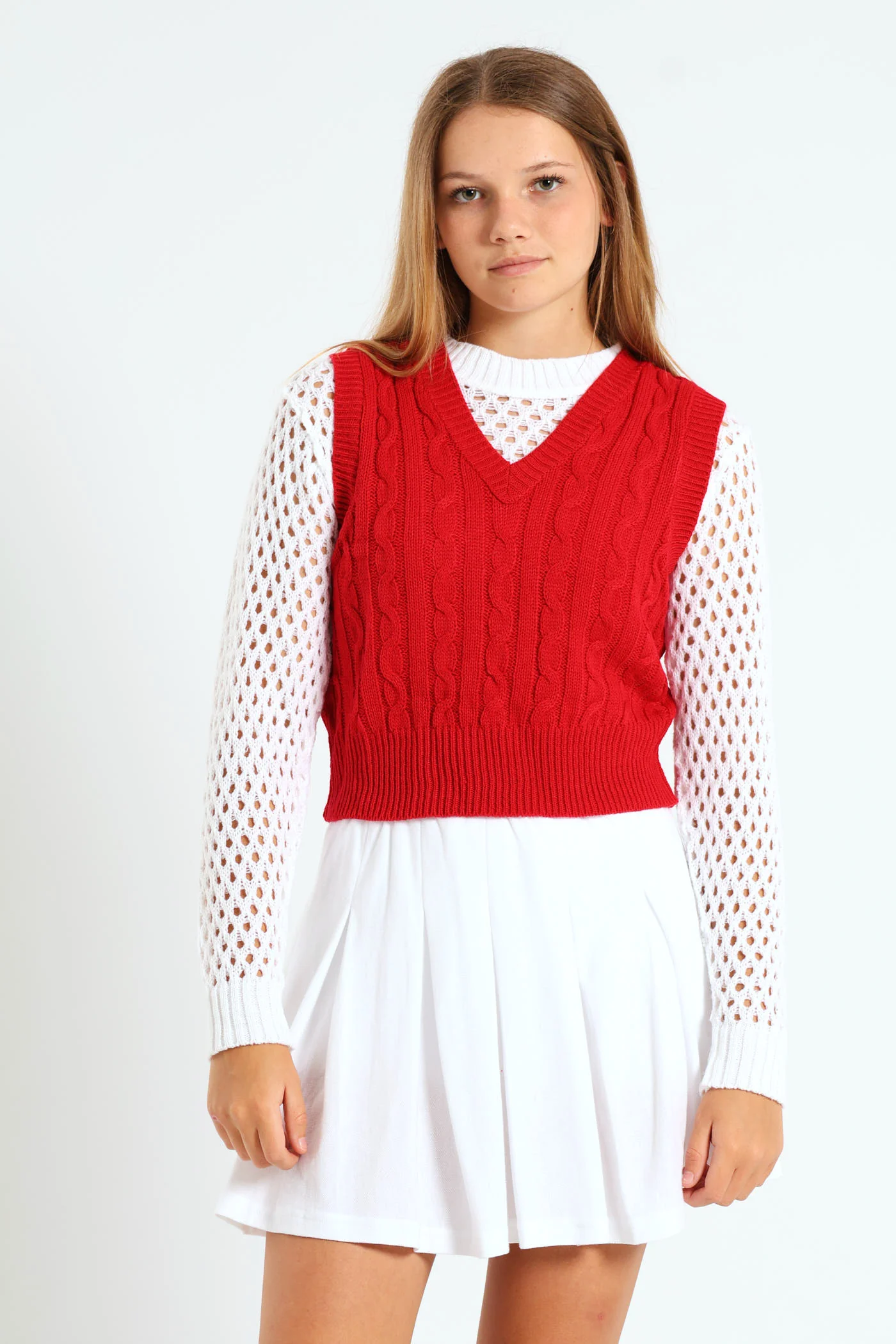Girls V-Neck Cable Vest - Red - Image 4