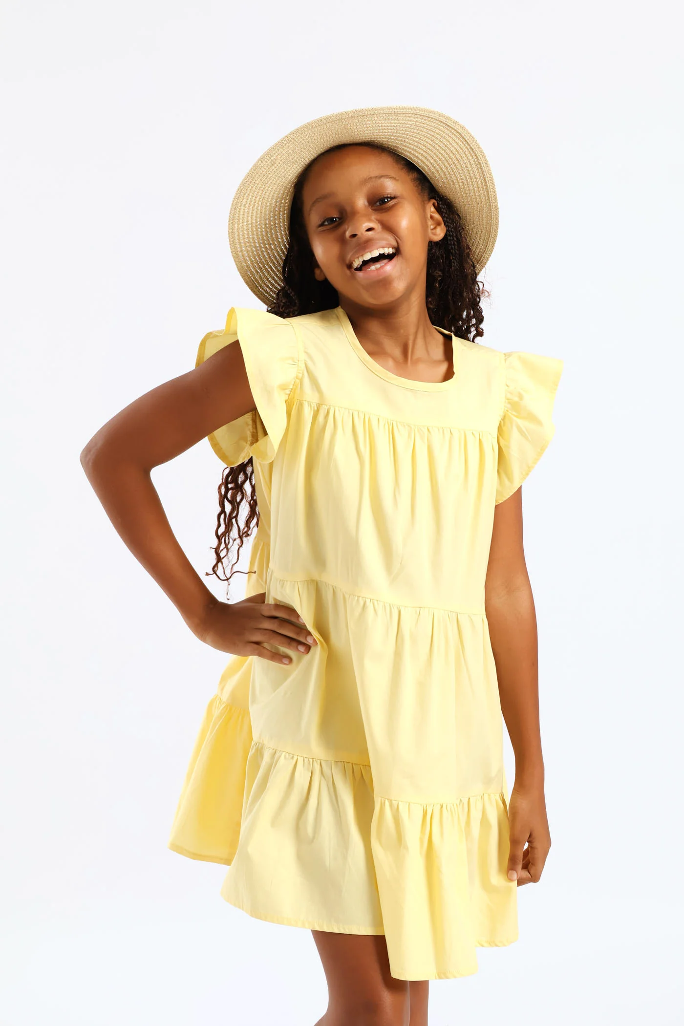 Girls Volume Tiered Poplin Dress - Yellow - Image 3