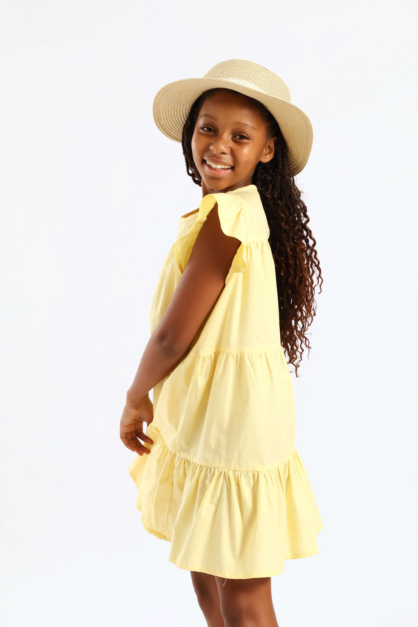 Girls Volume Tiered Poplin Dress - Yellow - Image 4