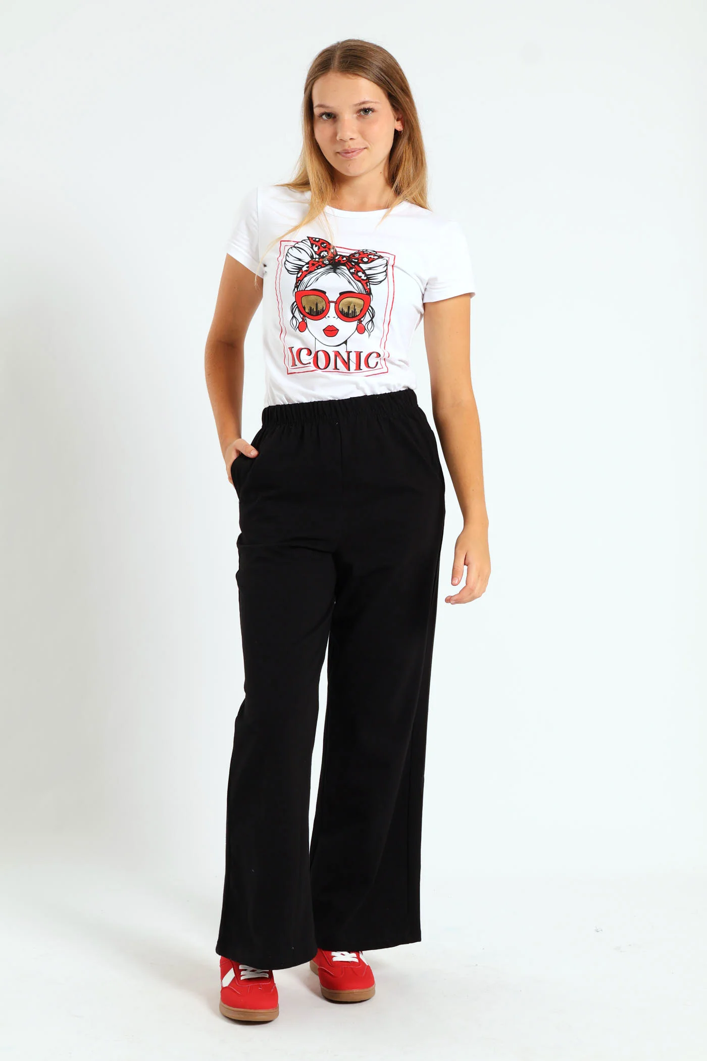 Girls Wide Leg Knit Track Pants - Black - Image 4