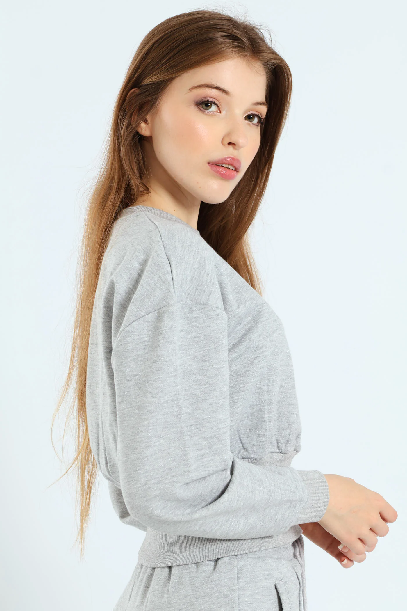 Glitter Fleece Sweat Top - Grey Melange - Image 3