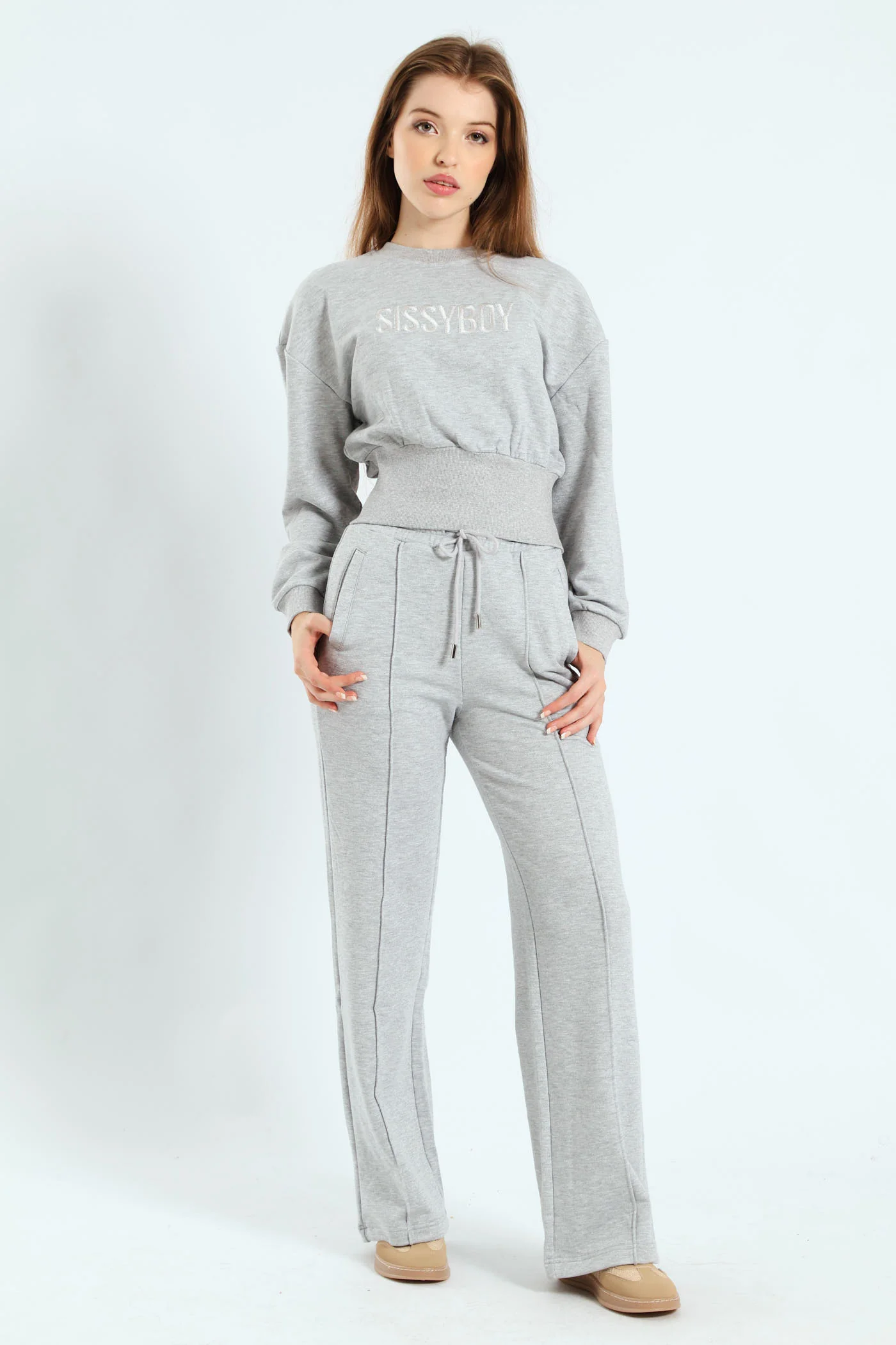Glitter Fleece Wide Leg Sweatpants - Grey Melange - Image 5