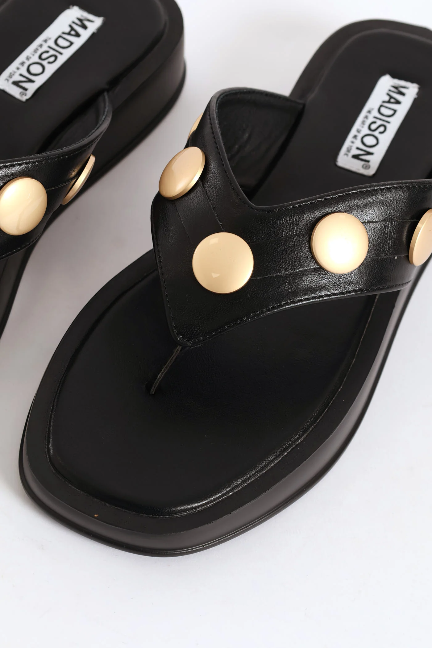 Gold Button Detail Thong Sandal - Black - Image 2