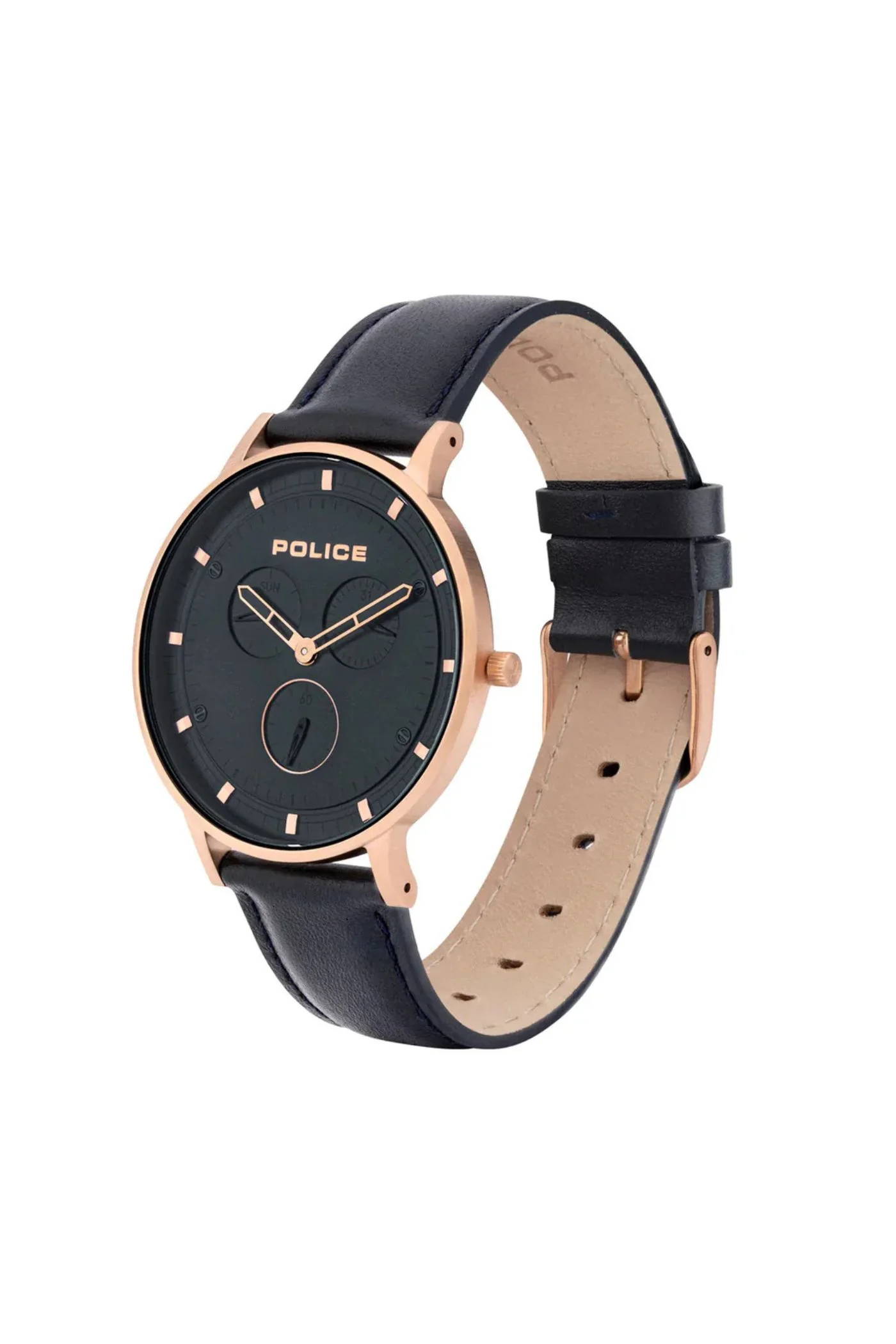 Gold Case & Leather Strap Multifunction Watch - Blue - Image 2