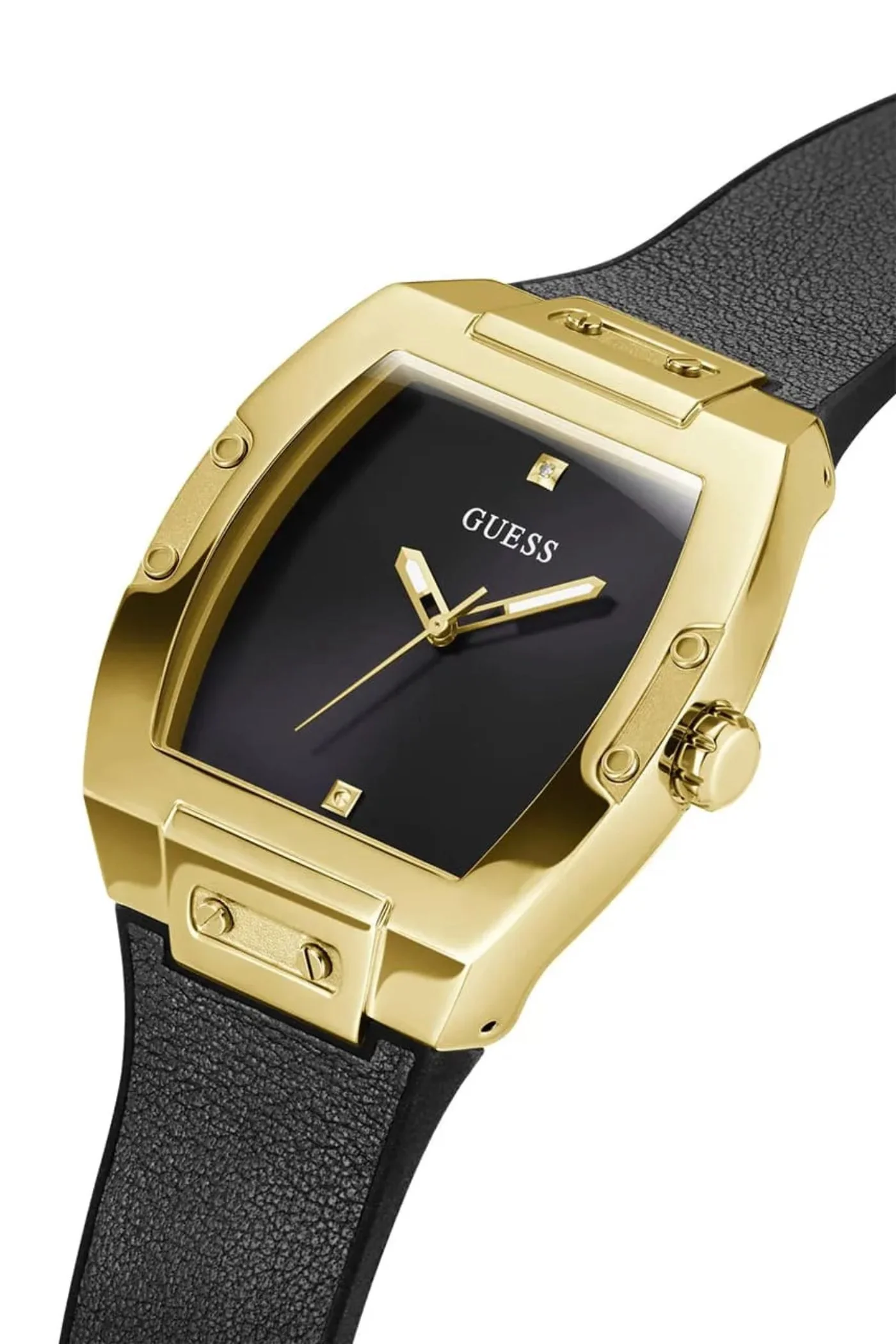Gold Case Sun Black Diamond Dial Smooth Leather Strap Watch - Gold - Image 3