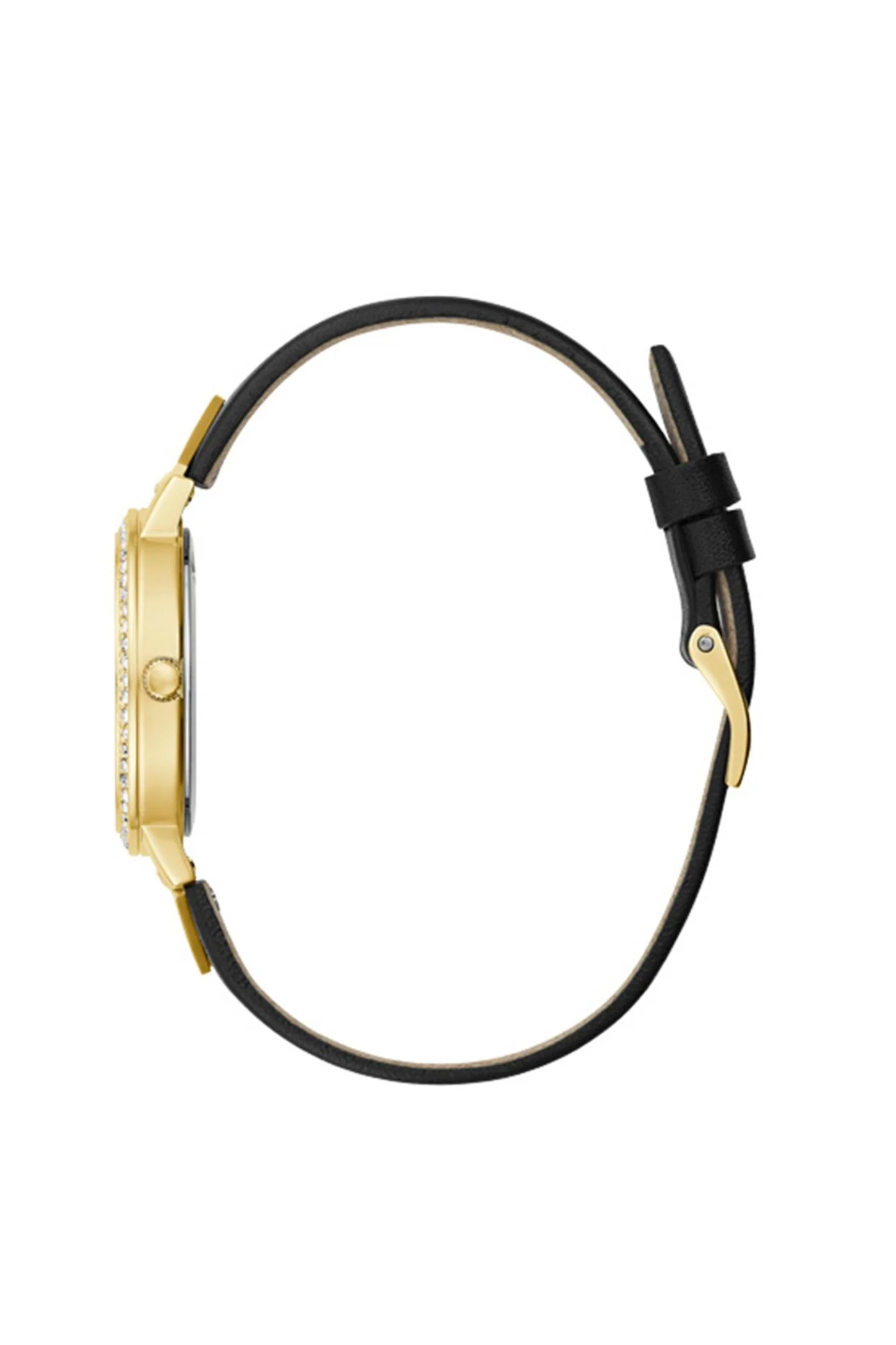 Gold Case With Crystals & Black Dial With Black Glitzy Leather Strap - Gold - Image 2